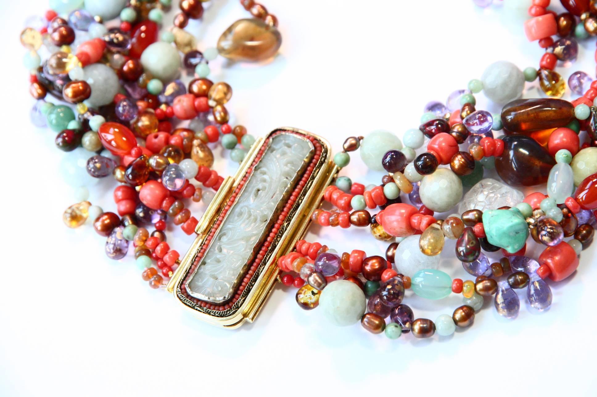 Artist Multistrand Necklace Antique Jade Coral Amber 18 Karat Gold For Sale
