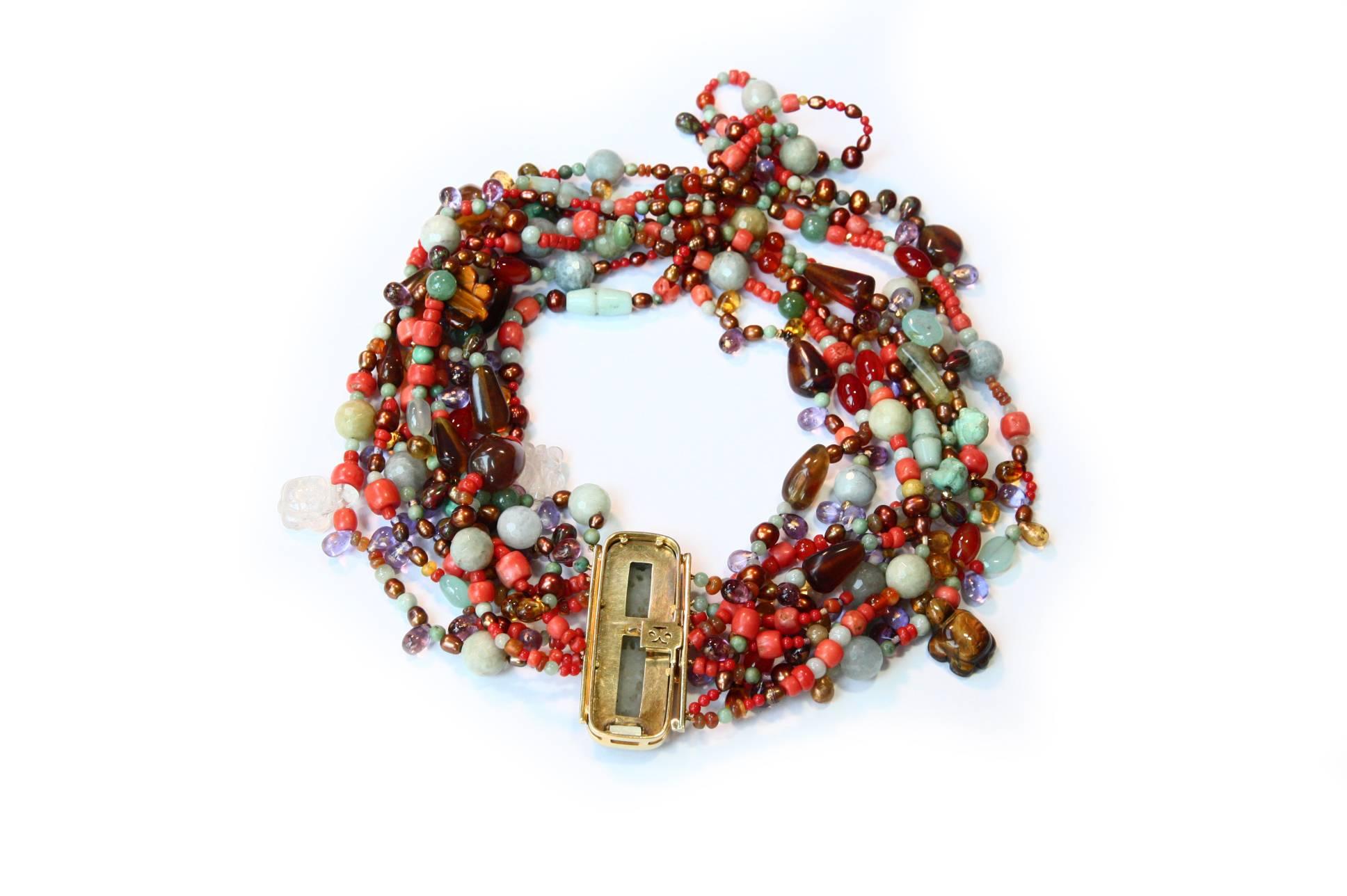 Bead Multistrand Necklace Antique Jade Coral Amber 18 Karat Gold For Sale