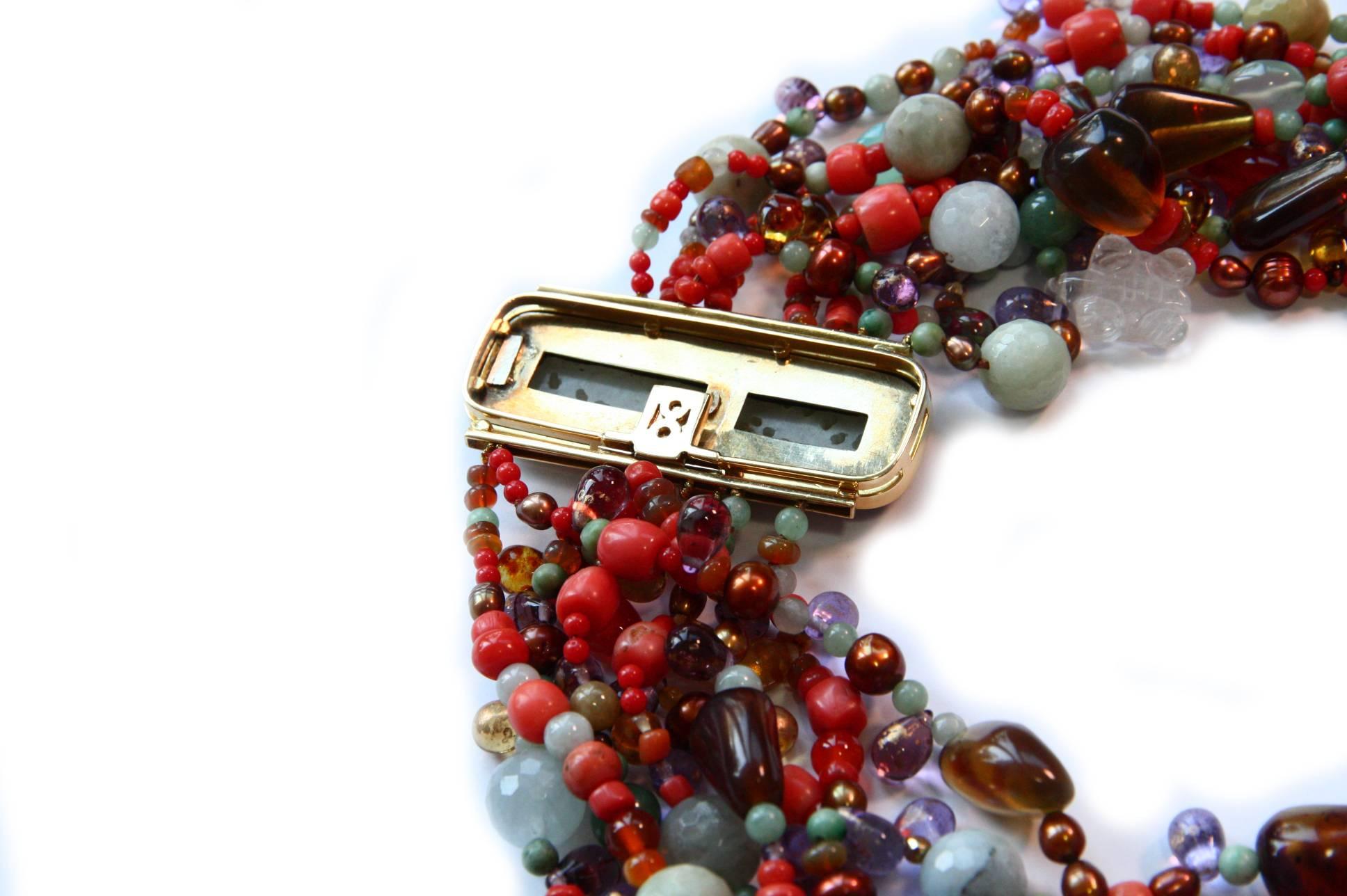 Multistrand Necklace Antique Jade Coral Amber 18 Karat Gold In New Condition For Sale In Milan, IT