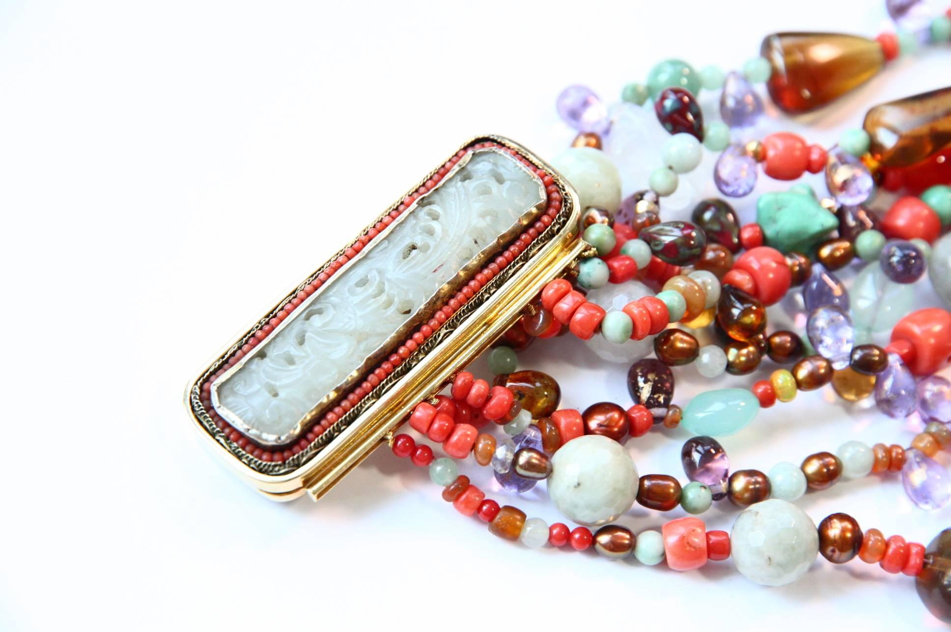 Multistrand Necklace Antique Jade Coral Amber 18 Karat Gold For Sale 1