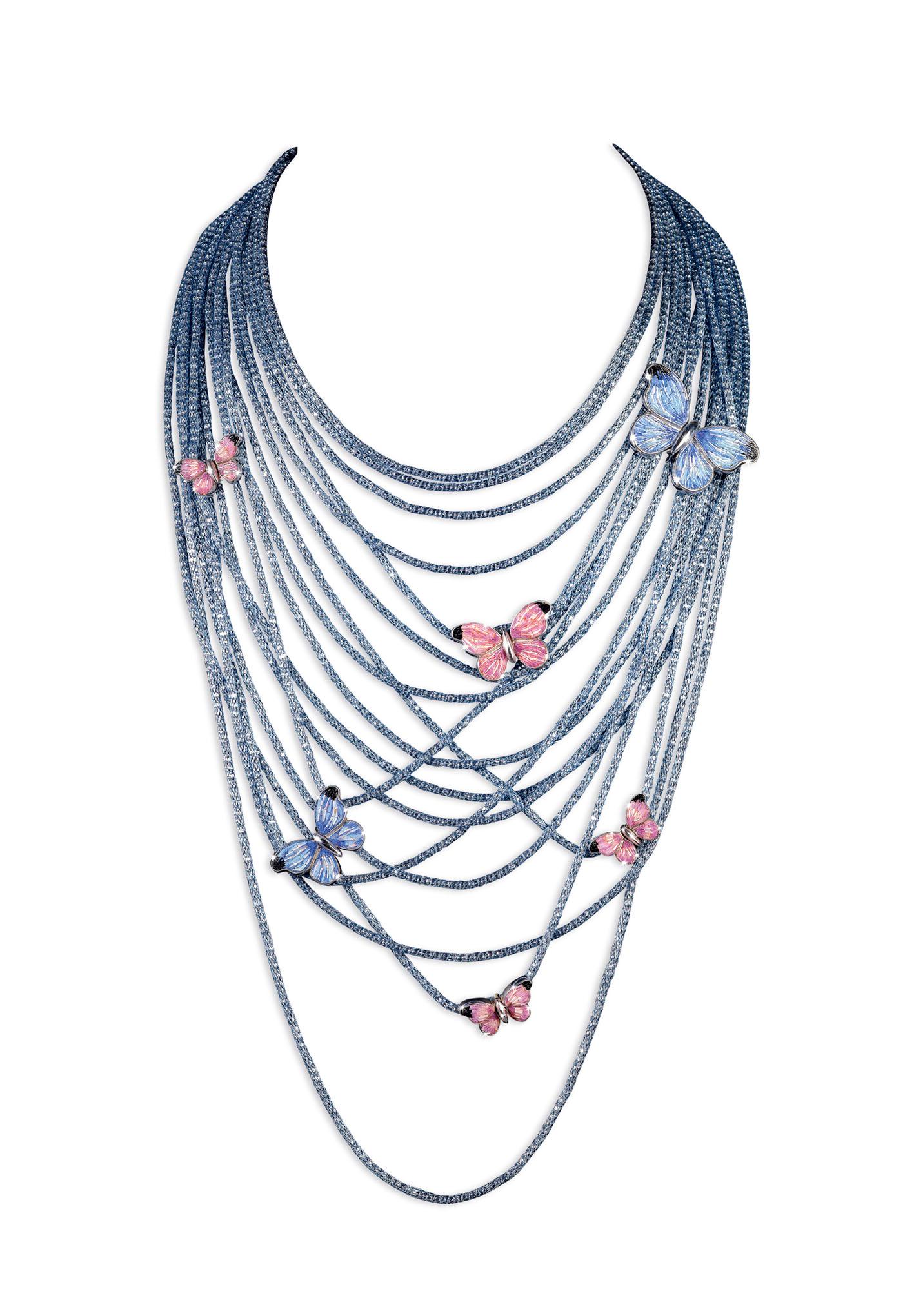 Romantic Multistrand Silver Handmade Necklace Adorned with Butterfly Decorated NanoMosaic For Sale