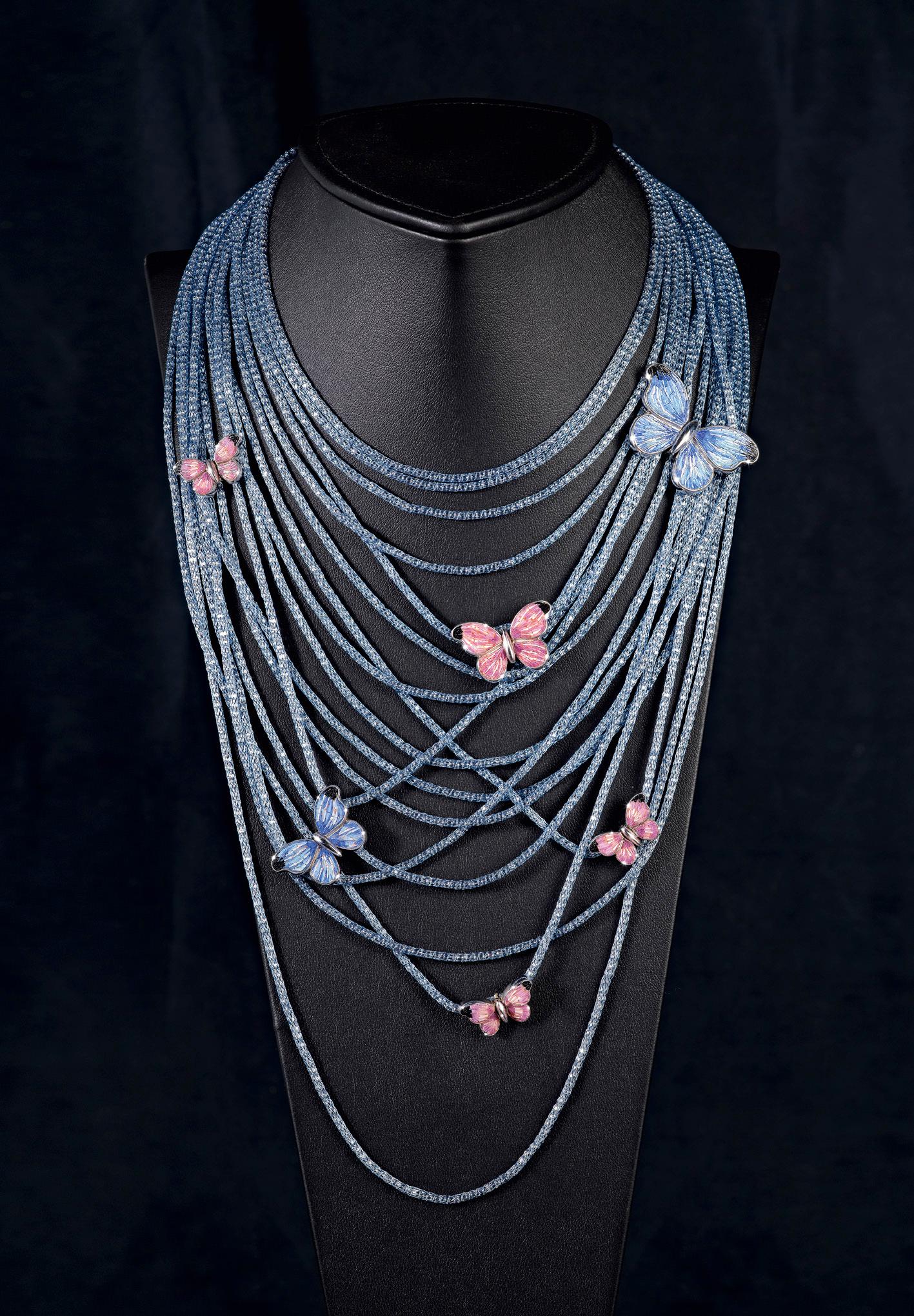 Multistrand Silver Handmade Necklace Adorned with Butterfly Decorated NanoMosaic In New Condition For Sale In London, GB