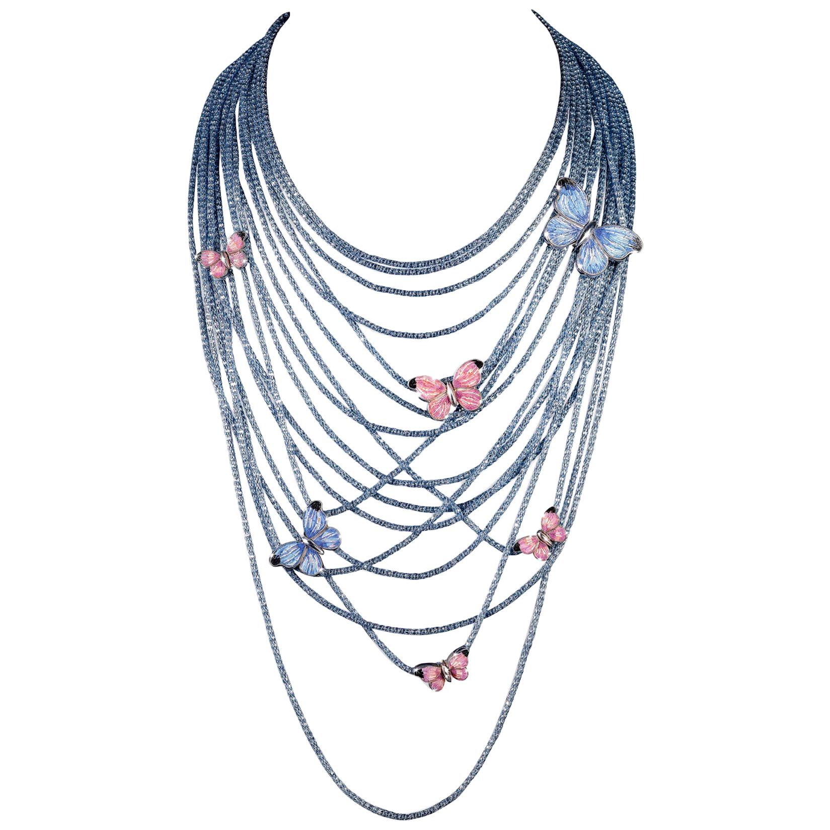 Multistrand Silver Handmade Necklace Adorned with Butterfly Decorated NanoMosaic For Sale