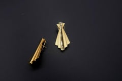 Multitextured Shiny Matte Flared Pleated Long 18K Yellow Gold Earrings