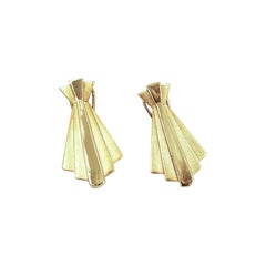 Multitextured Shiny Matte Flared Pleated Long 18K Yellow Gold Earrings