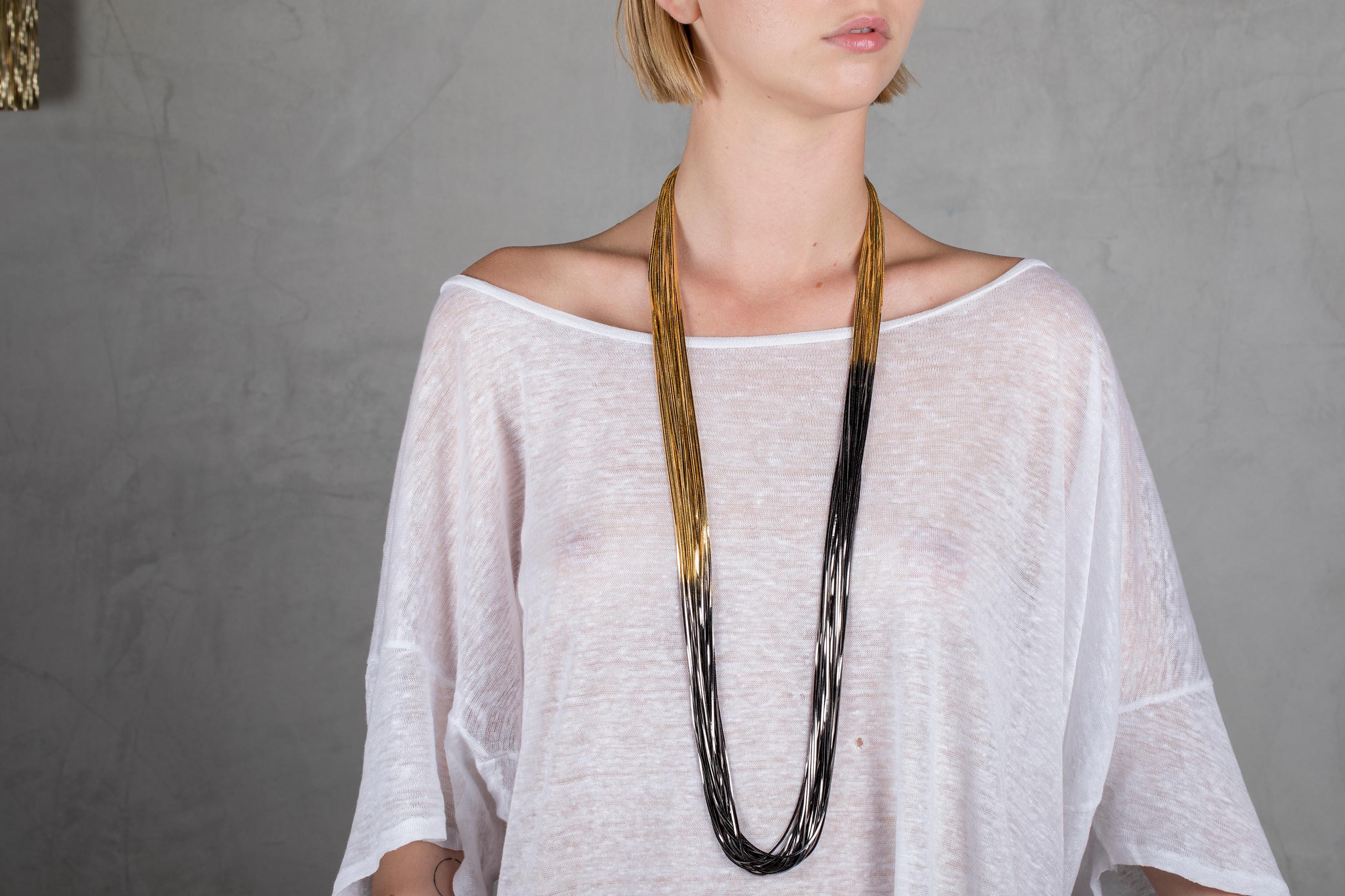 Contemporary Multithread Necklace in Two Tones 18 Carat Gold Plated from IOSSELLIANI For Sale