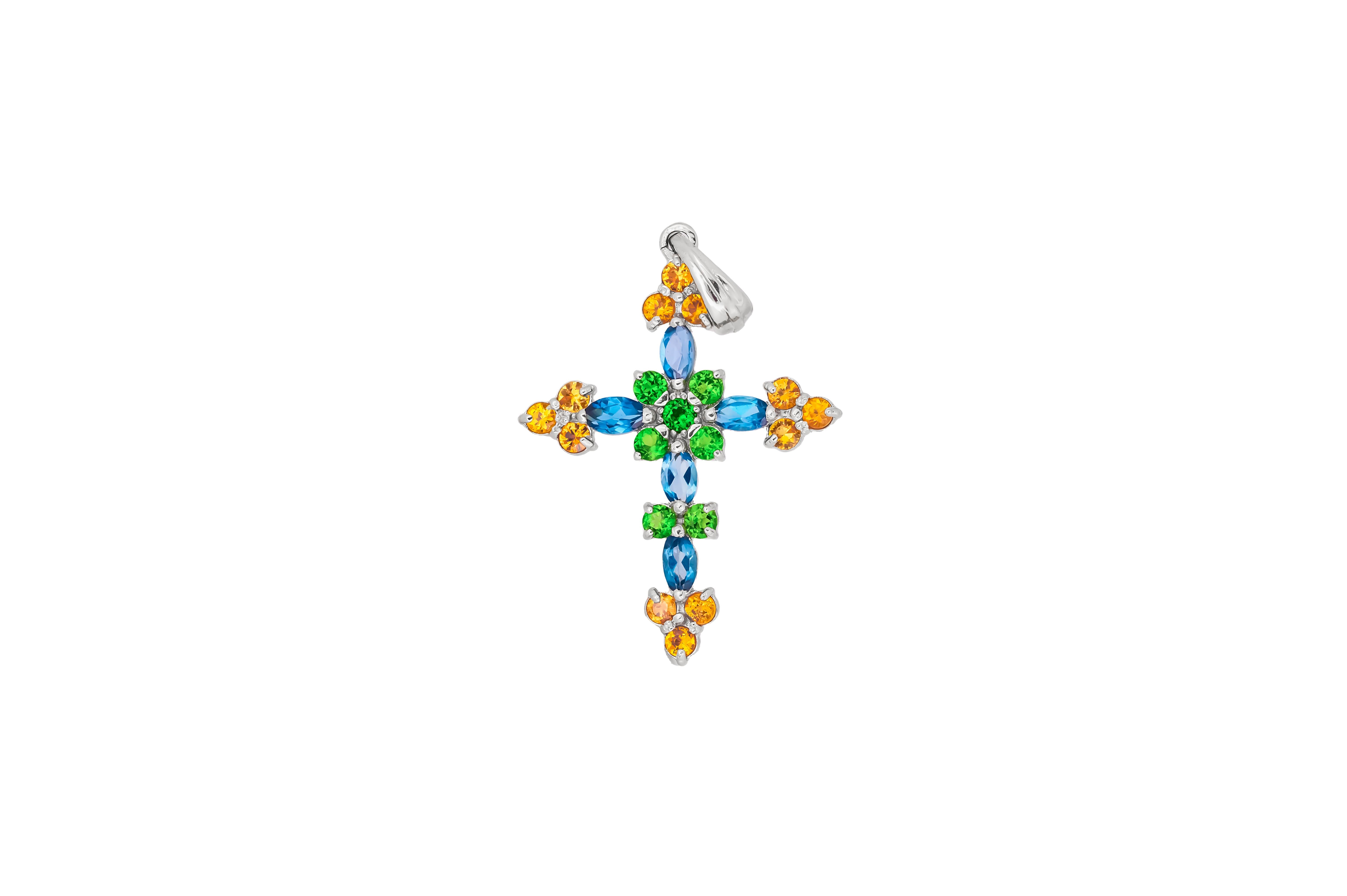 Multucolor 14k gold cross pendant For Sale 2