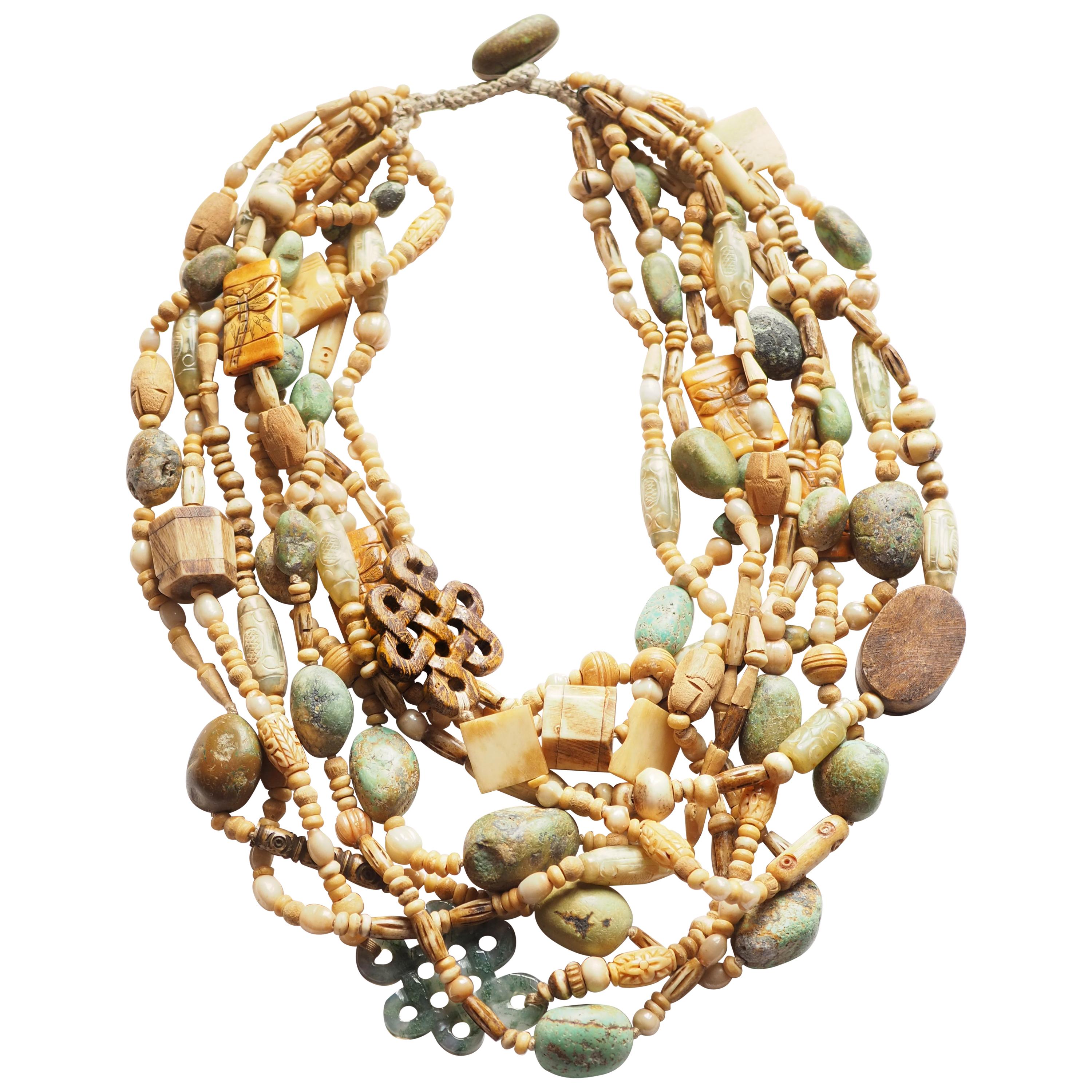 Mehrstrangige Halskette Jade Knochen Antike chinesische Elemente Türkis im Angebot
