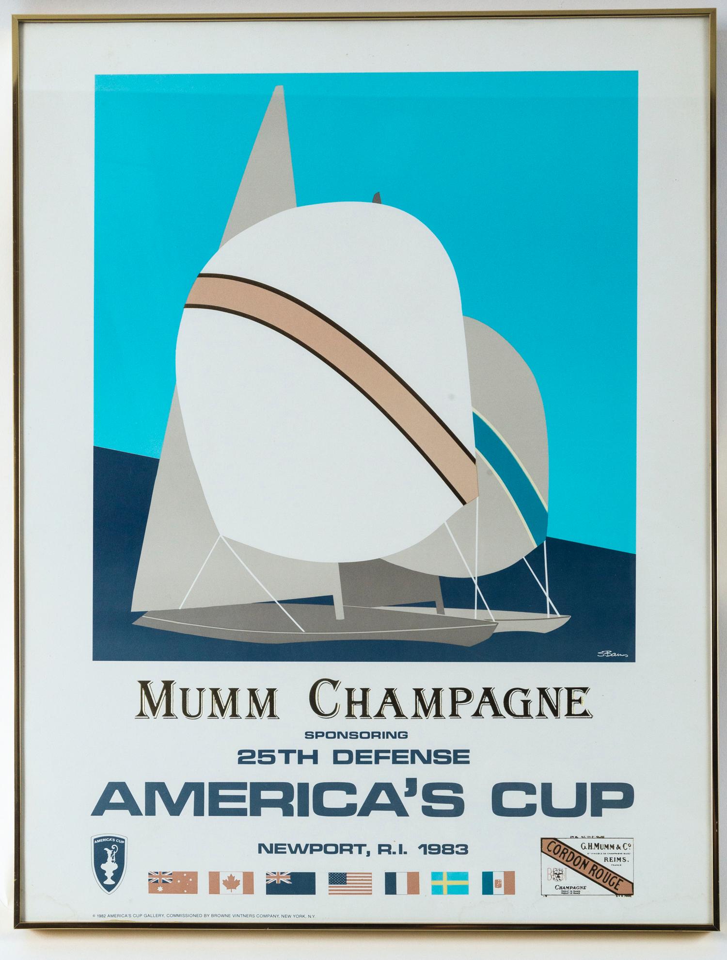 Mumm Champagne America's Cup Poster, Newport, Rhode Island, 1983. Graphic design with vibrant colors. Professionally framed and matted. This poster represents the 1983 America's Cup defender race between Australia II, Royal Perth Yacht Club and