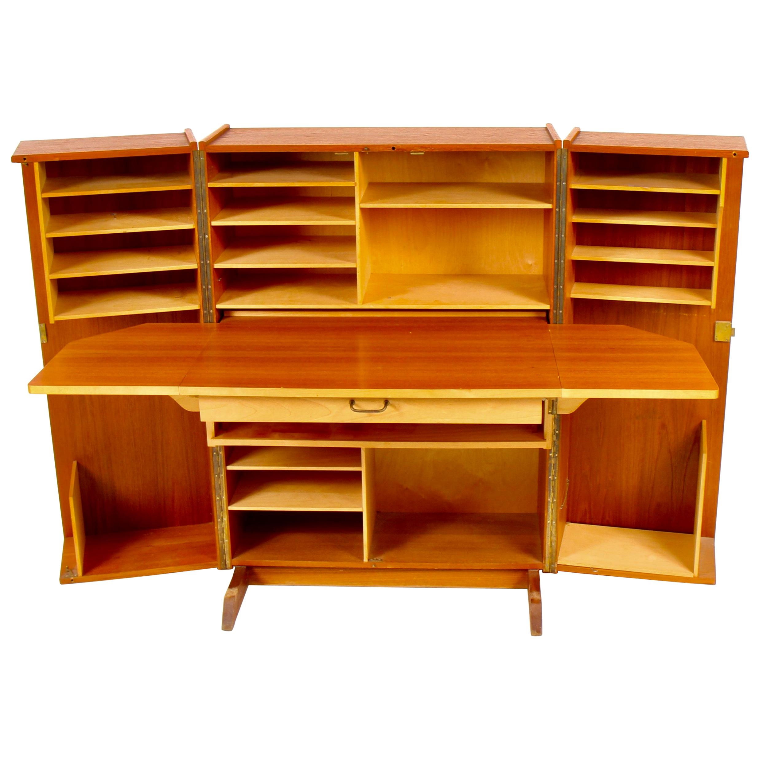 Mummenthaler and Meier Teak 'Magic Box' Fold Out Secretary Desk and Cabinet For Sale