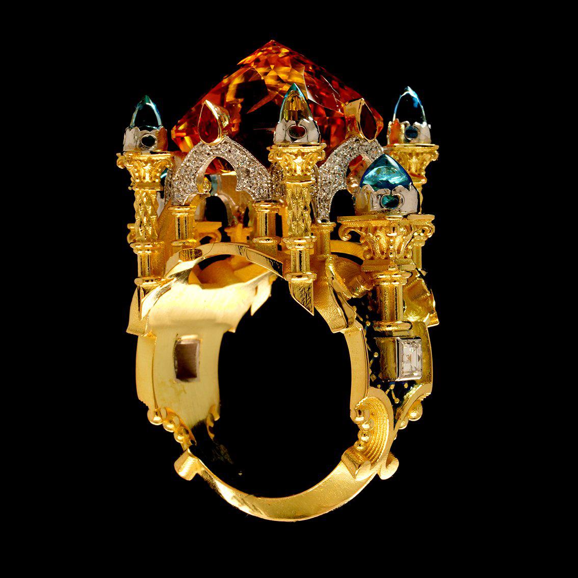  Carved Citrine, Topaz, Ruby, Diamond Gold Enamel Ring  For Sale 3