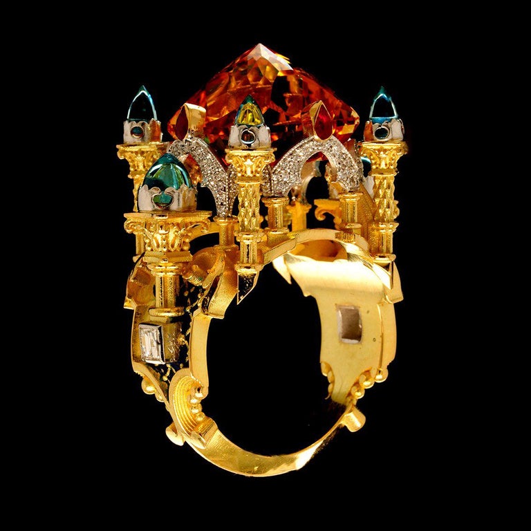  Carved Citrine, Topaz, Ruby, Diamond Gold Enamel Ring  For Sale 8