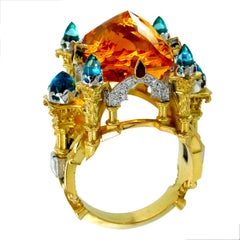 Carved Citrine, Topaz, Ruby, Diamond Gold Enamel Ring