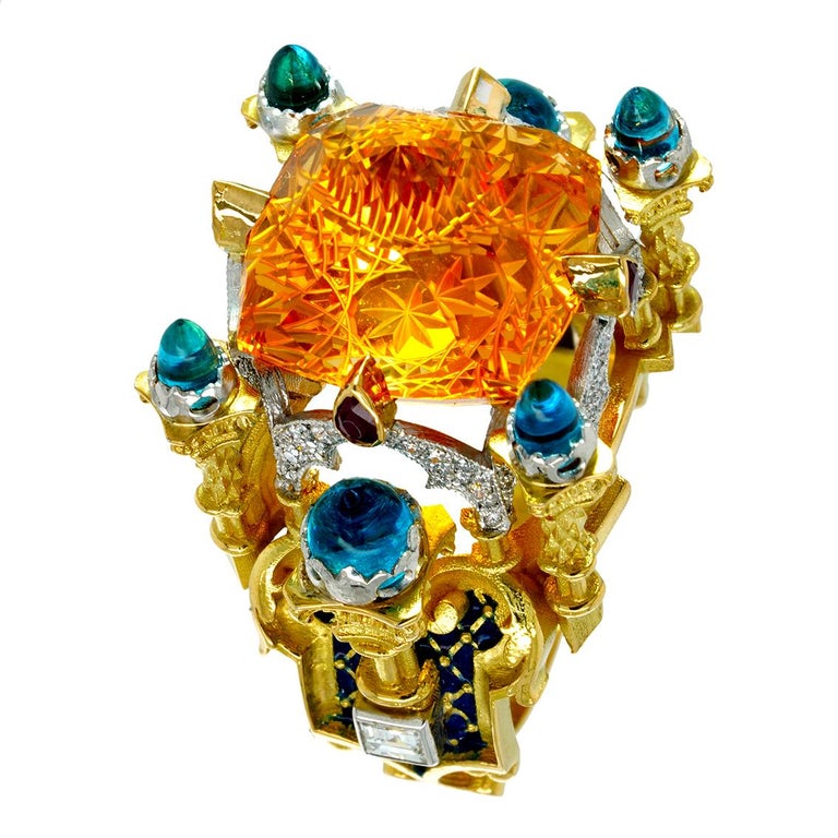  Carved Citrine, Topaz, Ruby, Diamond Gold Enamel Ring  In New Condition For Sale In Melbourne, Vic