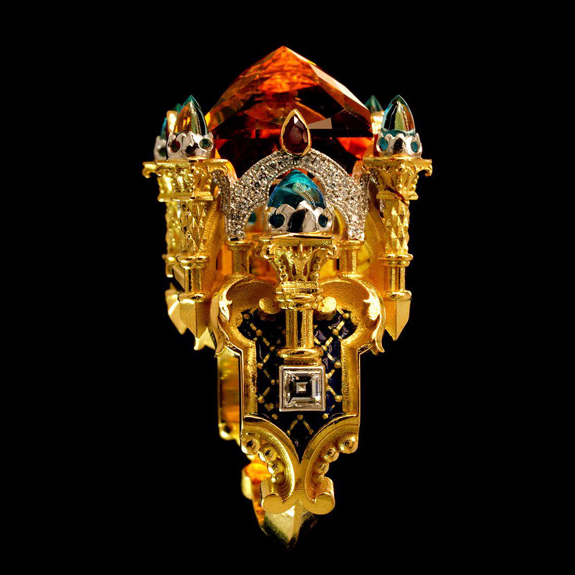  Carved Citrine, Topaz, Ruby, Diamond Gold Enamel Ring  In New Condition For Sale In Melbourne, Vic