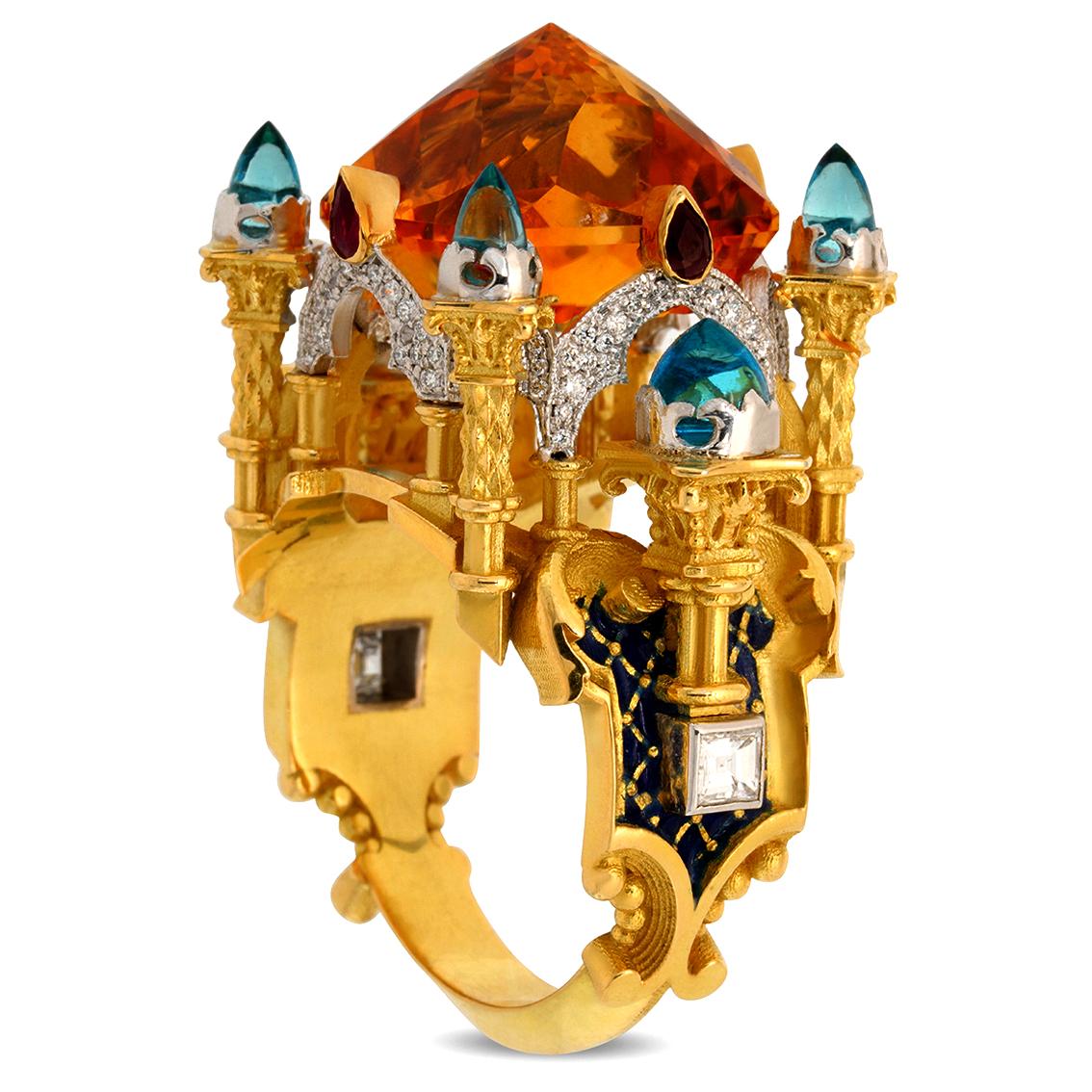 Gothic Revival  Carved Citrine, Topaz, Ruby, Diamond Gold Enamel Ring  For Sale