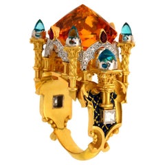 Mumtaz Mahal Ring 18kt Yellow & White Gold, Carved Citrine, Topaz, Ruby, Diamond