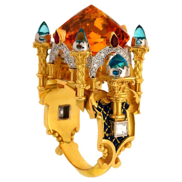  Carved Citrine, Topaz, Ruby, Diamond Gold Enamel Ring  For Sale