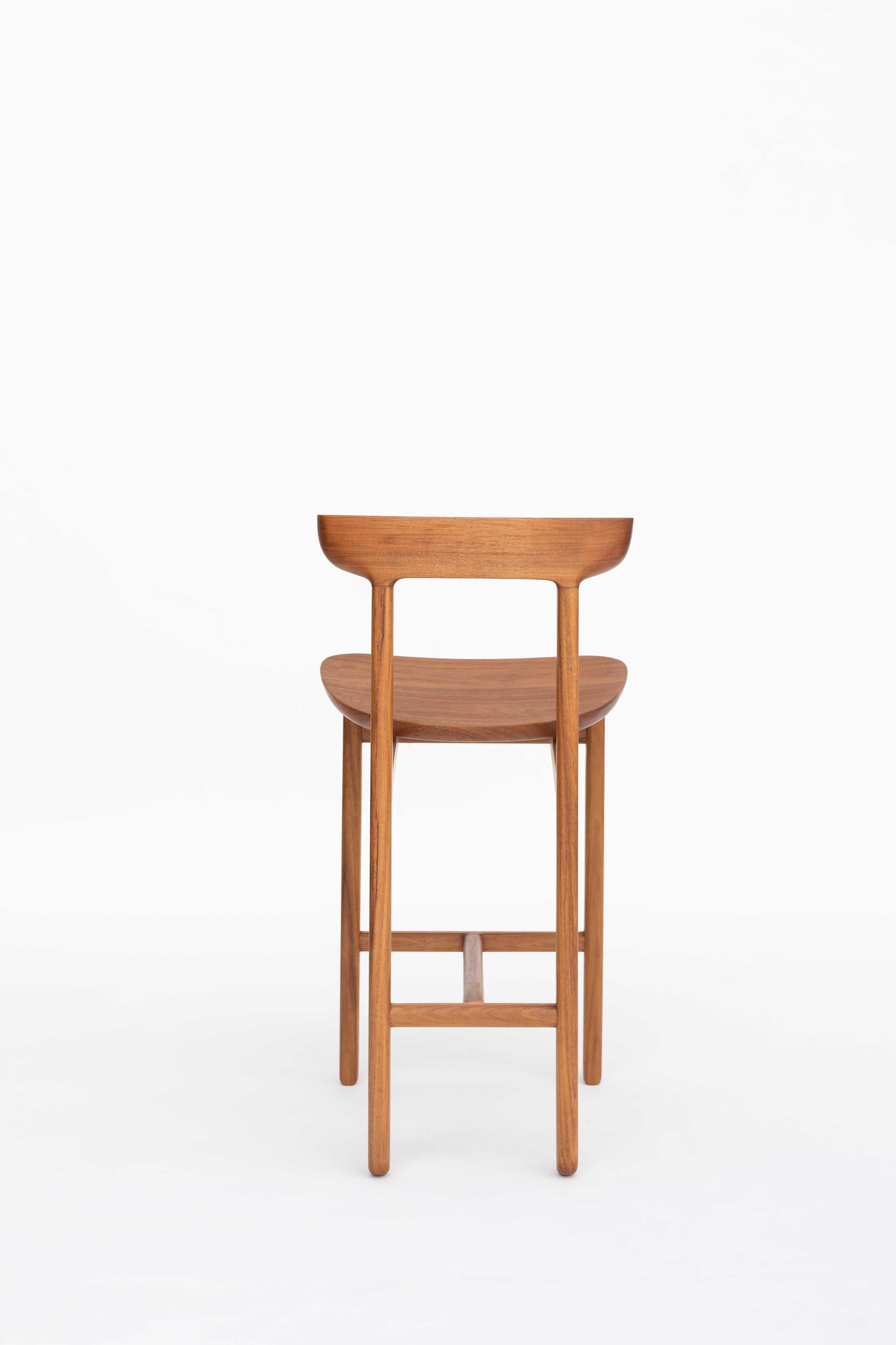 Contemporary Bar Stool in Sculpted Solid Caribbean Walnut For Sale 1