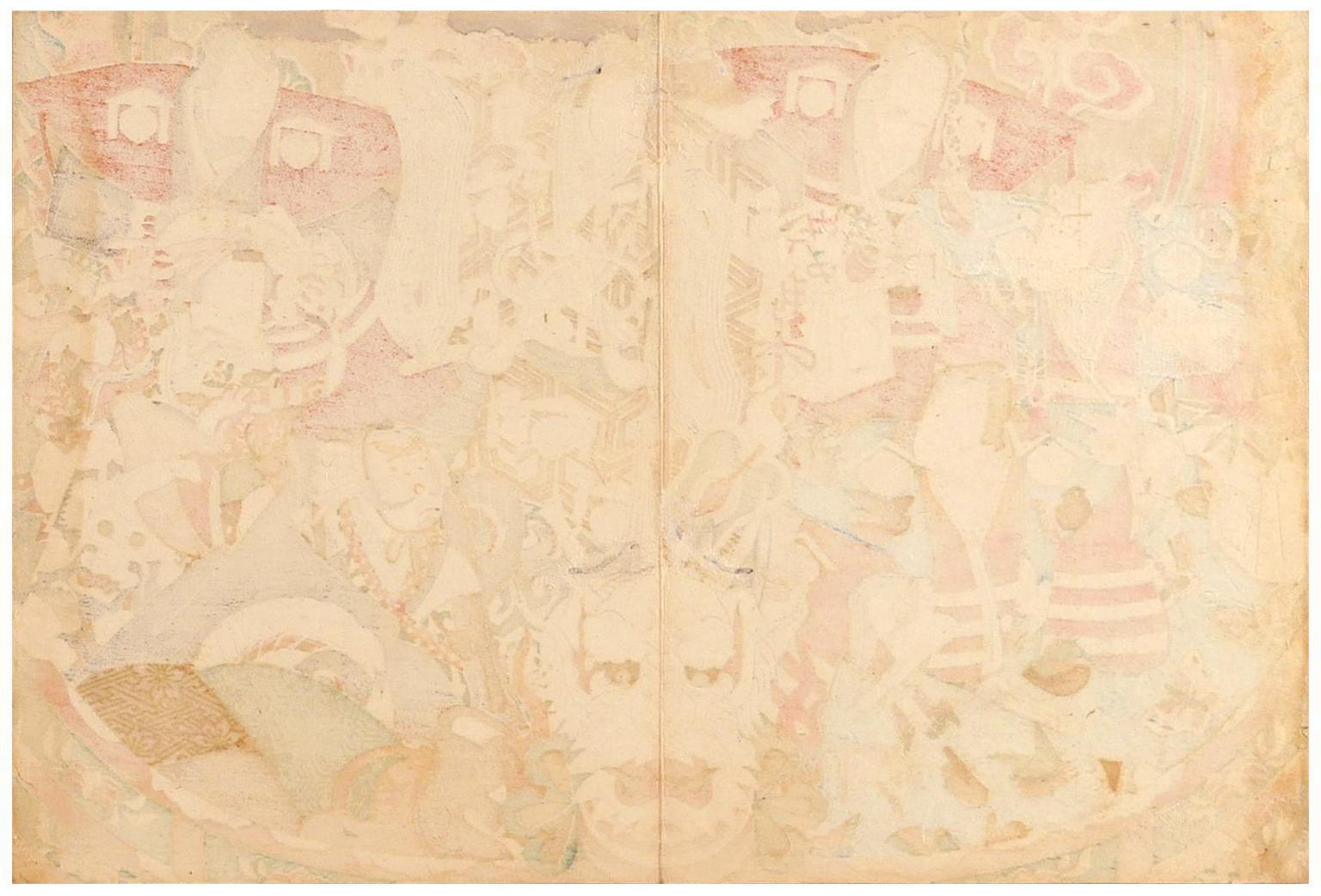 'Seven Actors in a Dragon Boat' — Edo period Kamigata Woodblock Print - Brown Figurative Print by Munehiro Hasegawa