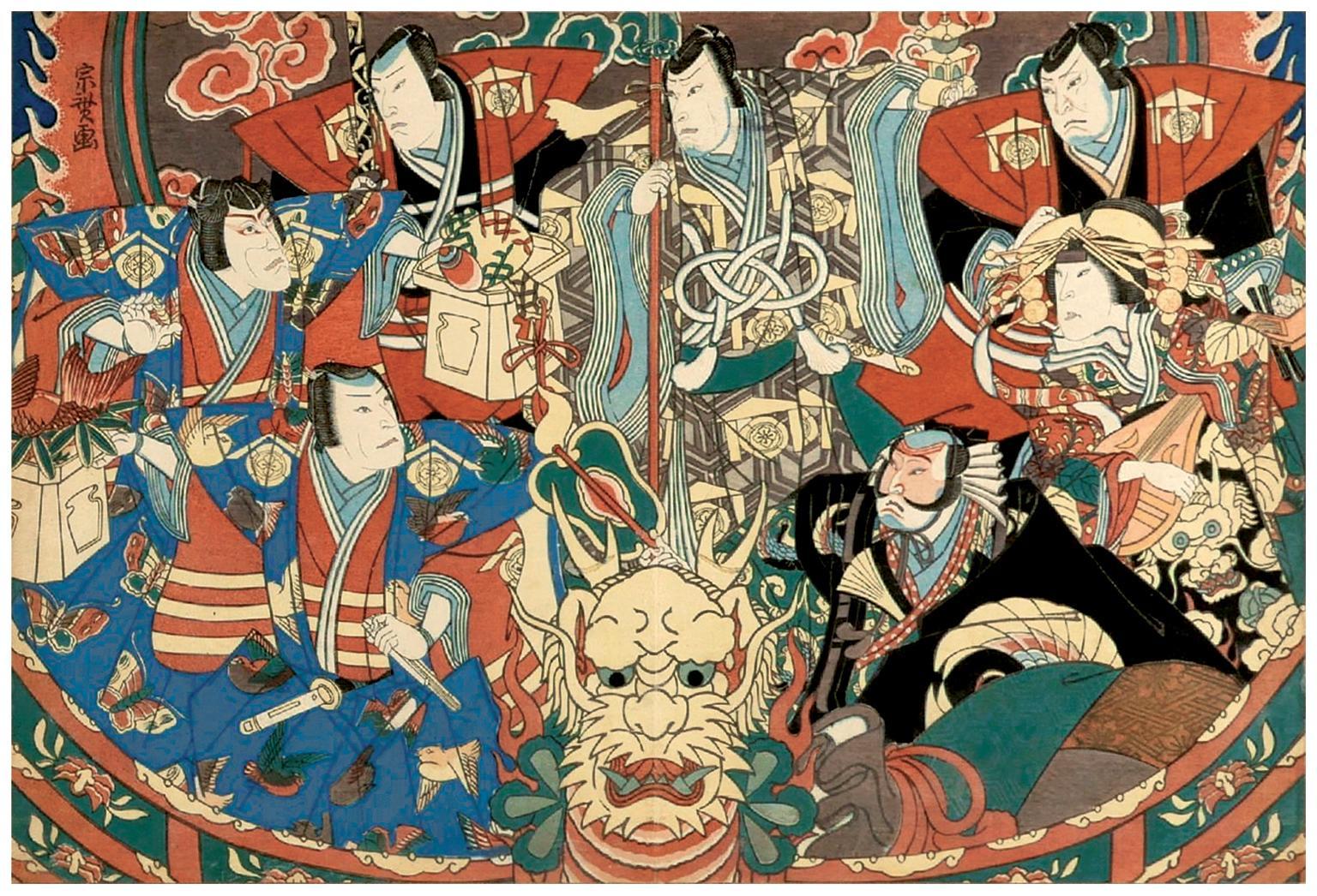 Munehiro Hasegawa Figurative Print - 'Seven Actors in a Dragon Boat' — Edo period Kamigata Woodblock Print