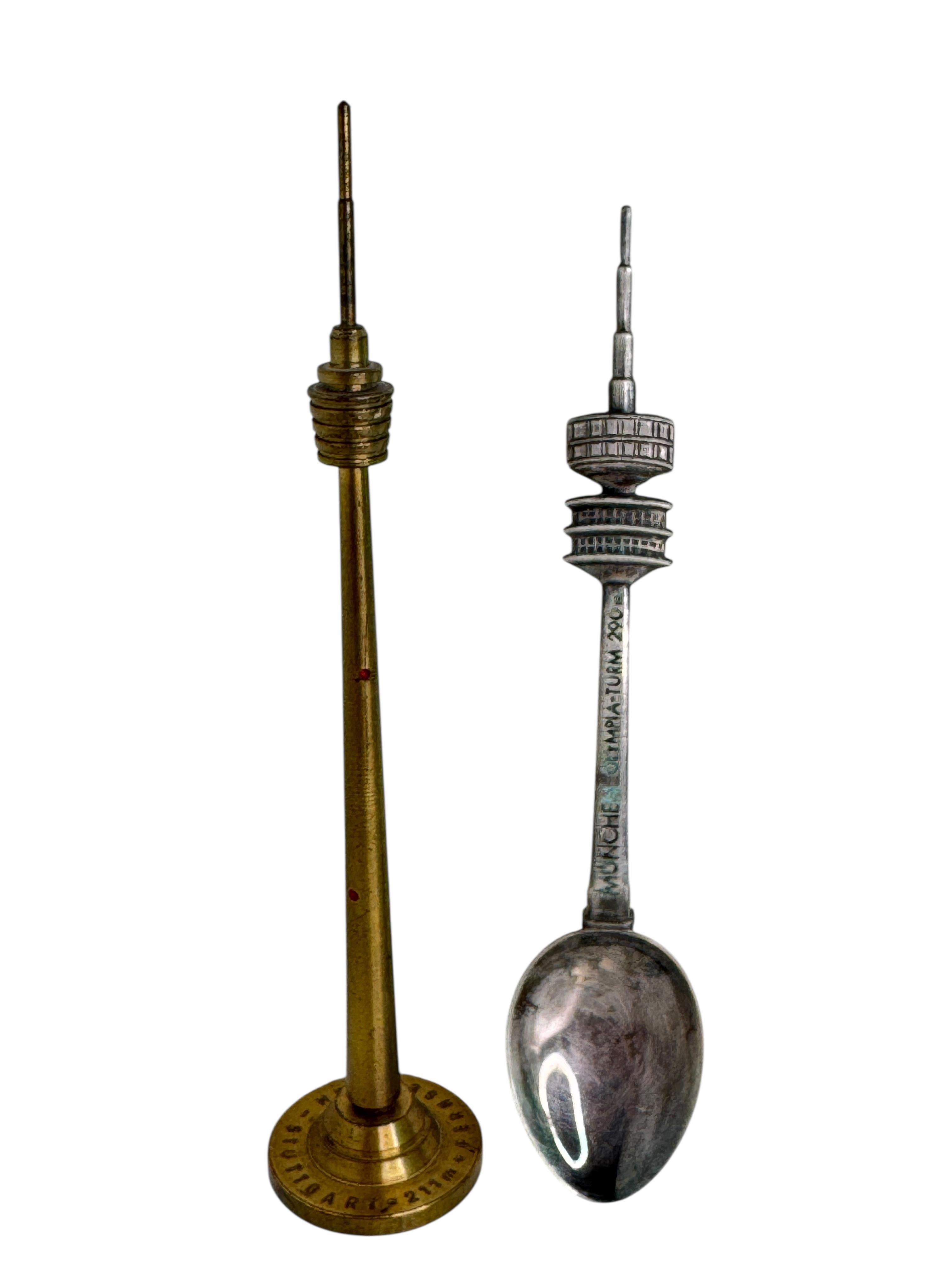 Mid-Century Modern Munich Olympic Souvenir Spoon, Stuttgart TV Tower Souvenir Pen, Germany 1970s For Sale