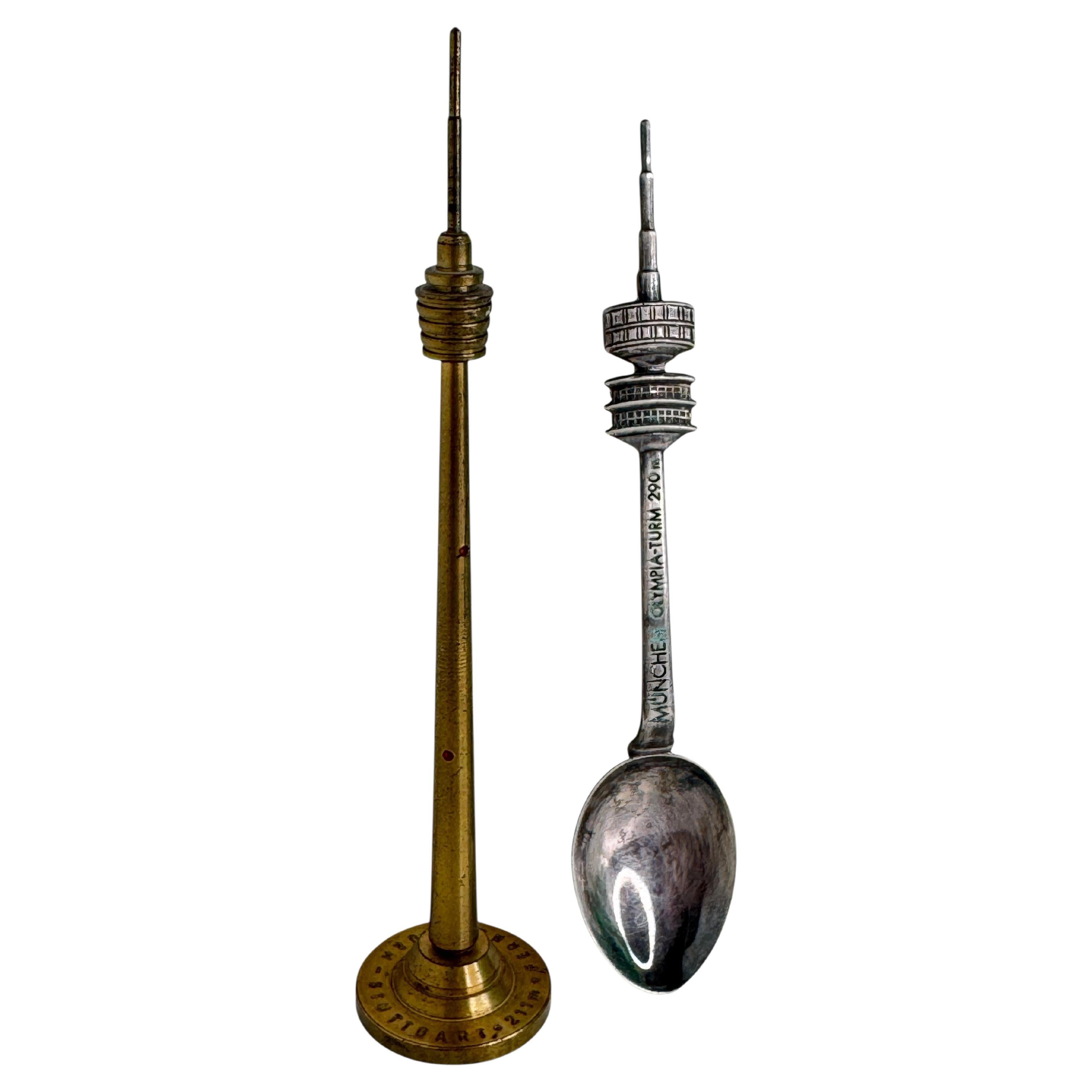 Munich Olympic Souvenir Spoon, Stuttgart TV Tower Souvenir Pen, Germany 1970s For Sale