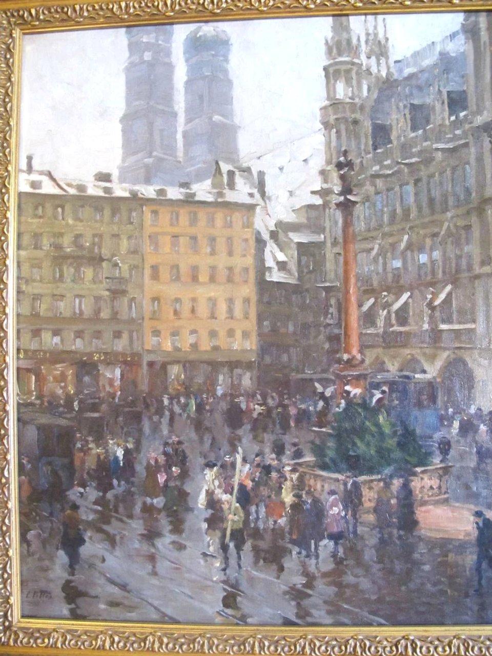 German Munich Street Scene Oil Painting on Canvas by Charles Vetter, circa 1936 For Sale