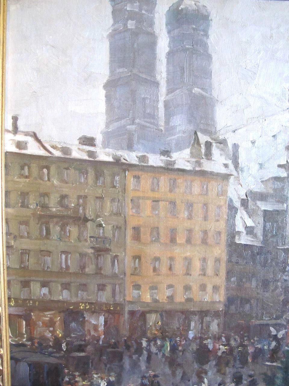 Munich Street Scene Oil Painting on Canvas by Charles Vetter, circa 1936 In Good Condition For Sale In Portland, OR