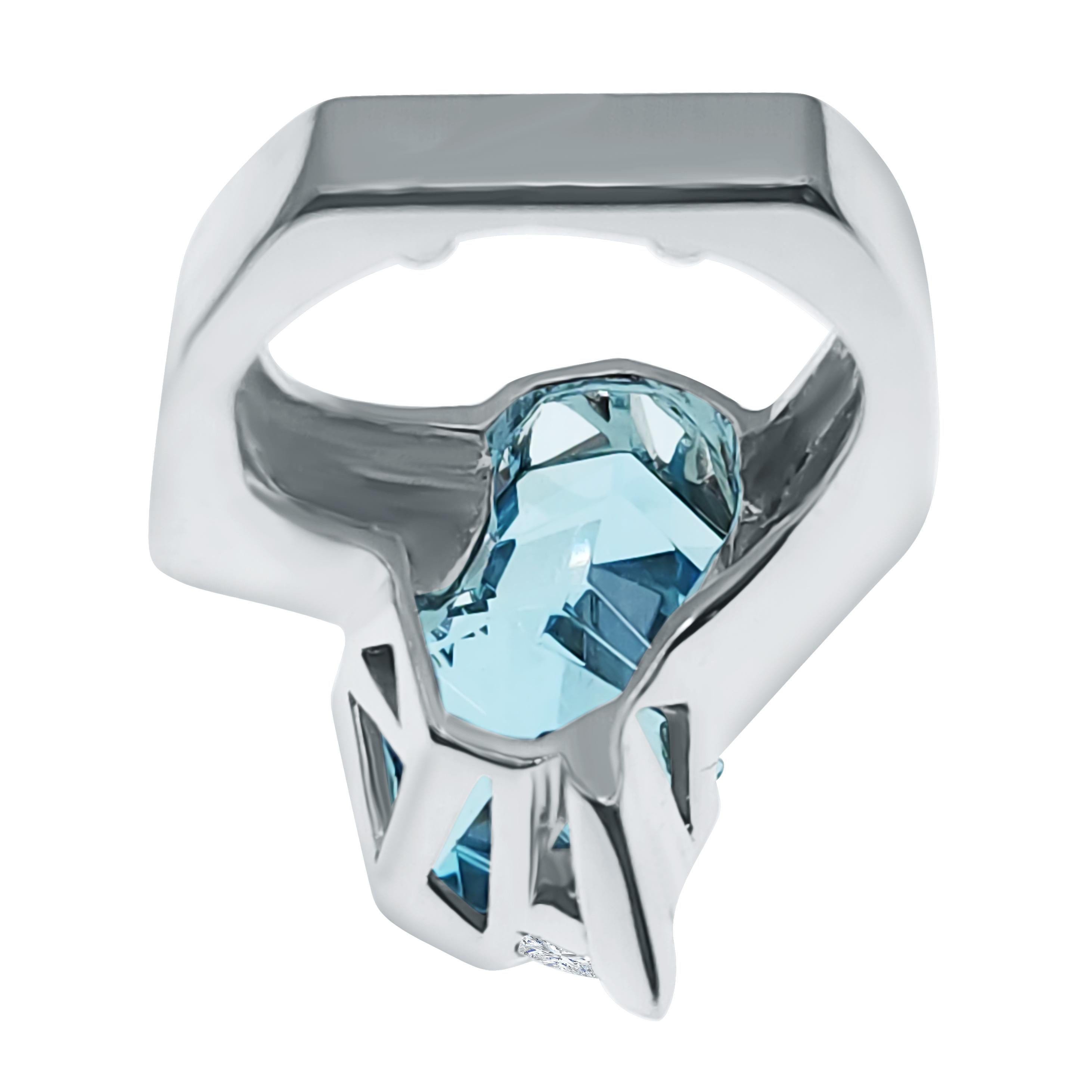 Contemporary Munsteiner Cut 7.61 Carat Aquamarine Ring Custom Set In 14K White Gold & Diamond For Sale