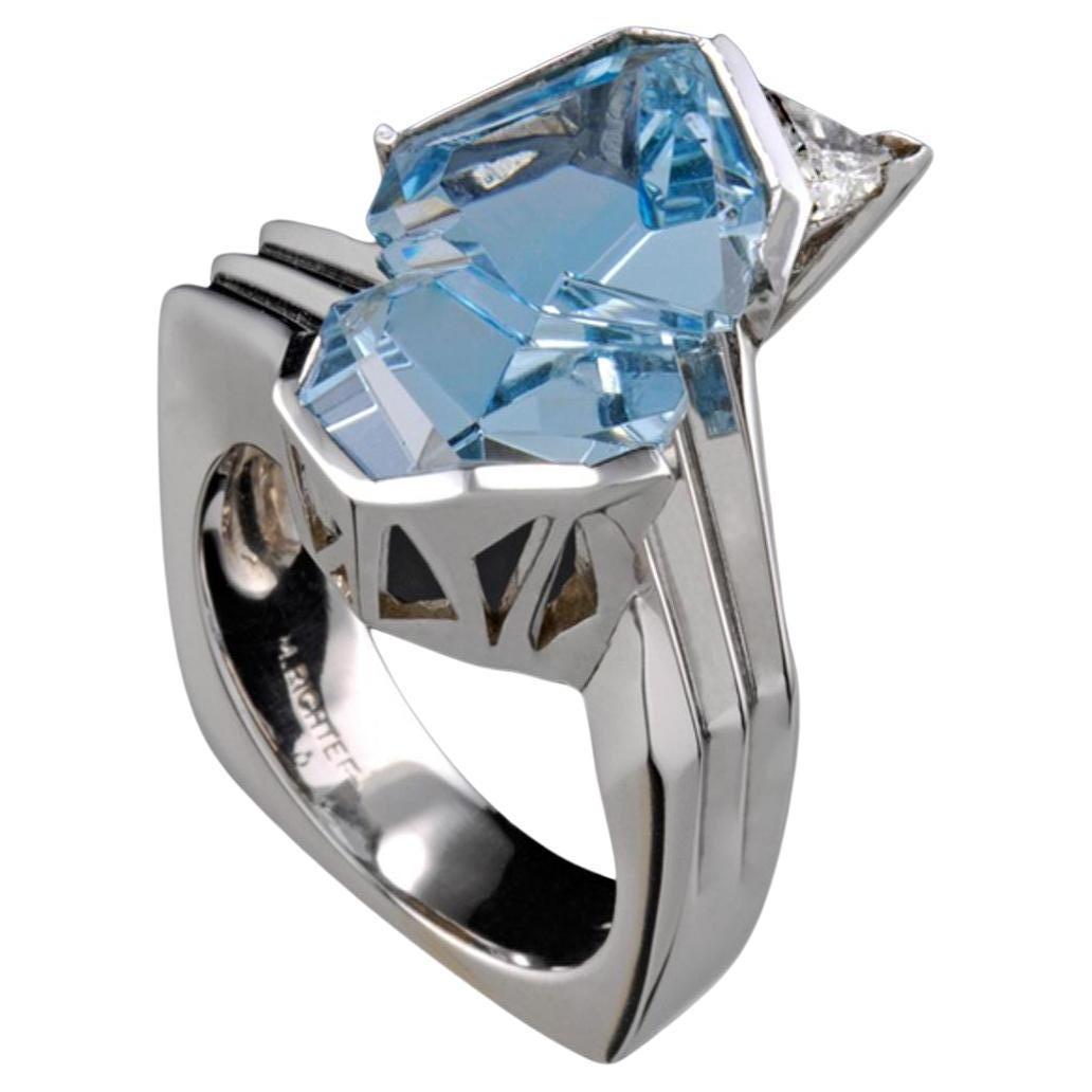 Munsteiner Cut 7.61 Carat Aquamarine Ring Custom Set In 14K White Gold & Diamond For Sale