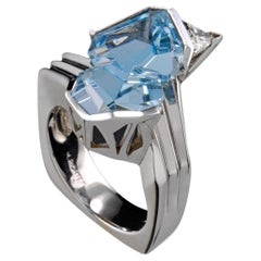 Munsteiner Cut 7.61 Carat Aquamarine Ring Custom Set In 14K White Gold & Diamond