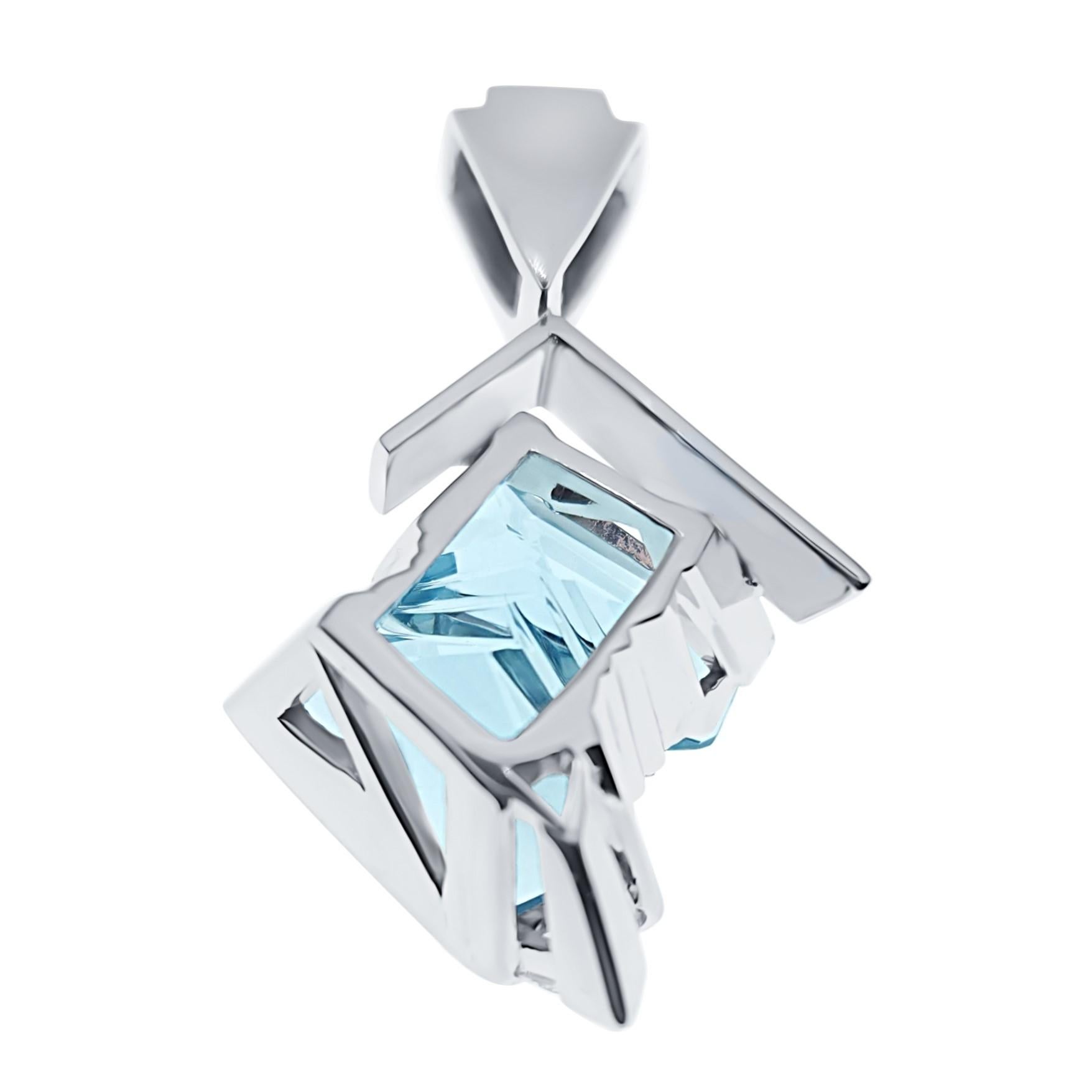 Mixed Cut Munsteiner Cut 9.80 Carat Aquamarine and Diamond Pendant in 14K White Gold For Sale