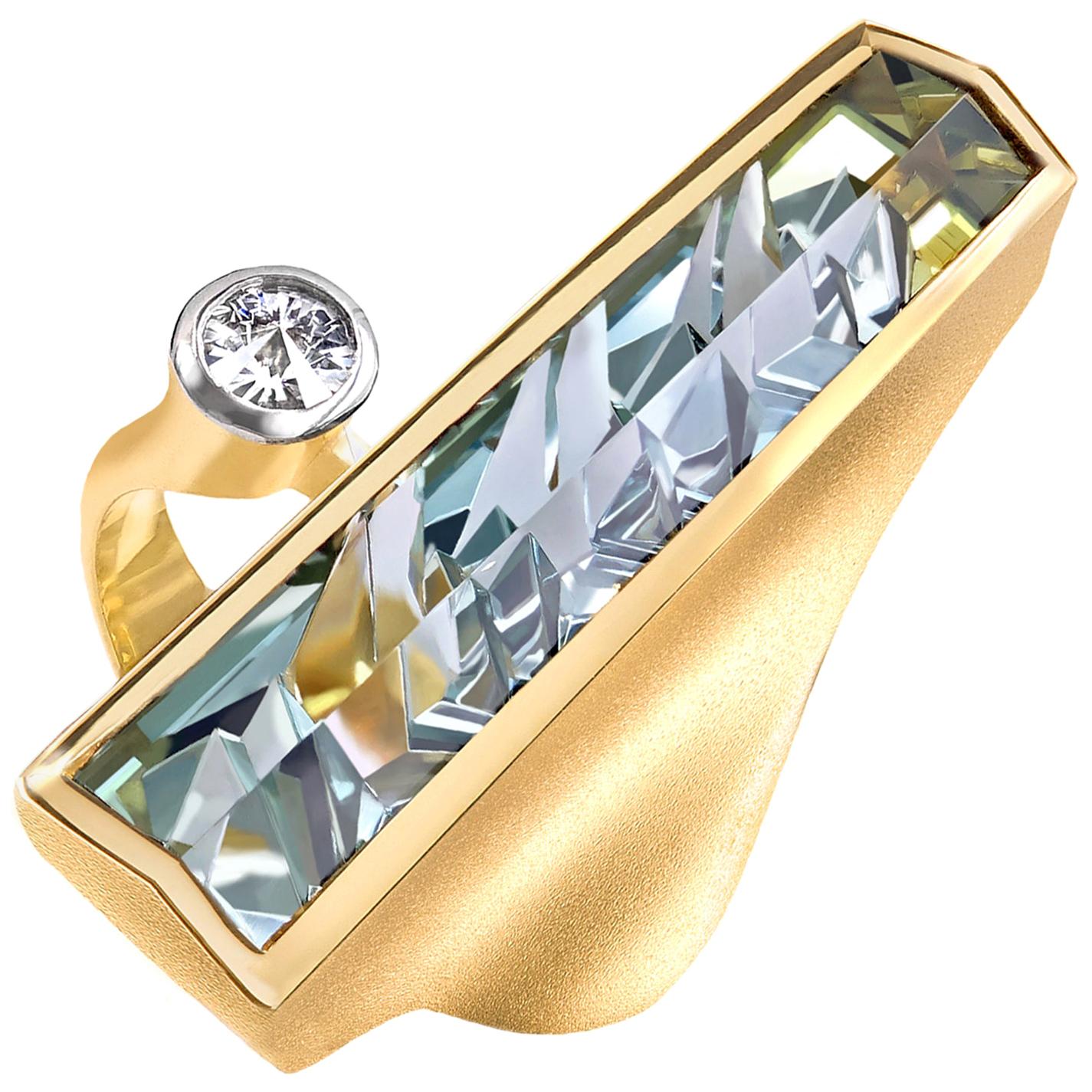 Munsteiner Exceptional Bi-Color Green Tourmaline Spirit-Cut White Diamond Ring