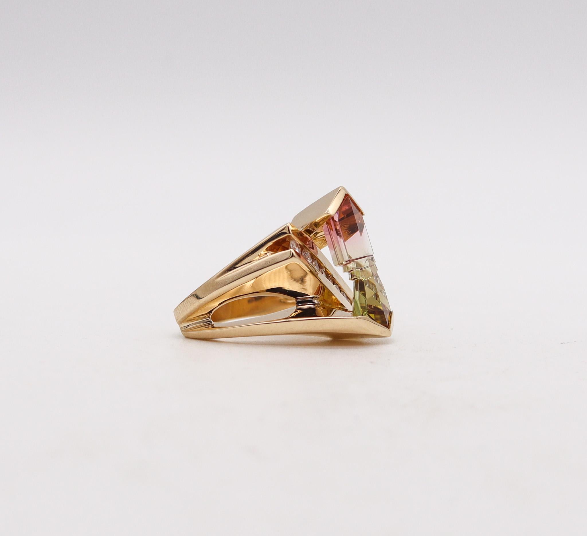 Geometric ring with a watermelon tourmaline designed by Munsteiner.

Fabulous geometric cocktail ring, created in Germany with modernist patterns back in the 1980. It was carefully crafted as a one of a kind piece, in solid yellow gold of 14 karats