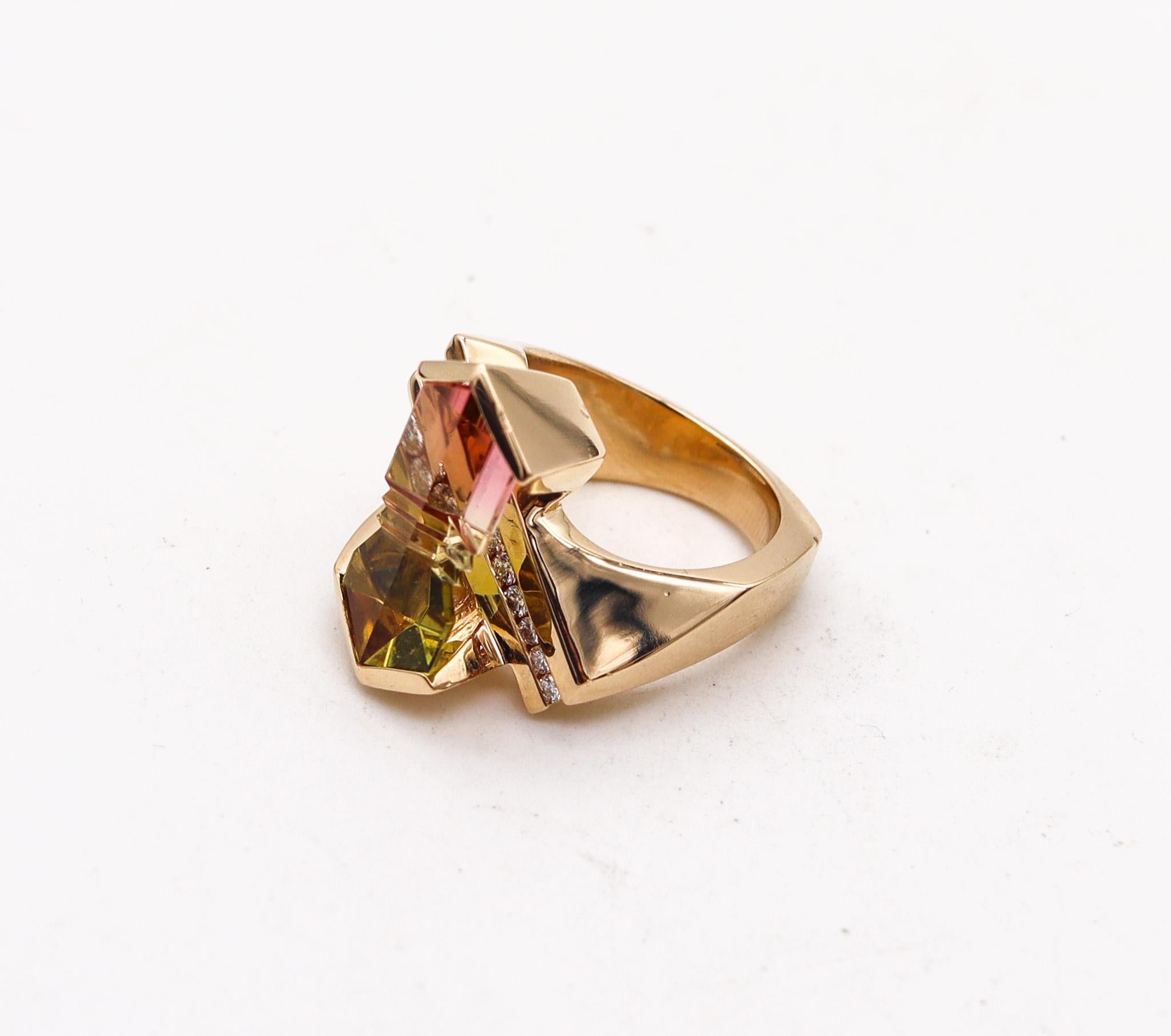 Modern Munsteiner Geometric Ring In 14Kt Gold With Watermelon Tourmaline And Diamonds
