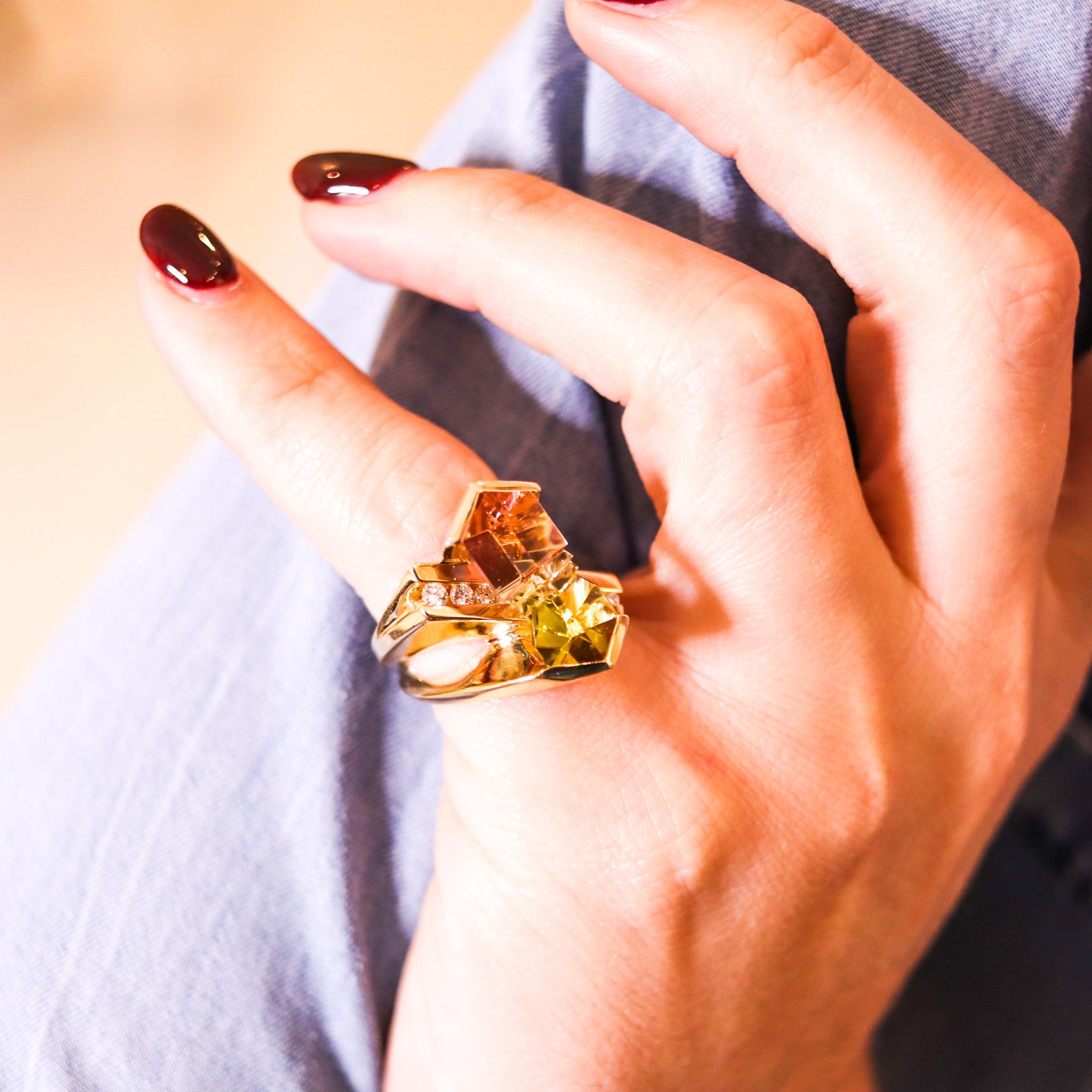 Women's Munsteiner Geometric Ring In 14Kt Gold With Watermelon Tourmaline And Diamonds
