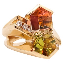 Vintage Munsteiner Geometric Ring In 14Kt Gold With Watermelon Tourmaline And Diamonds