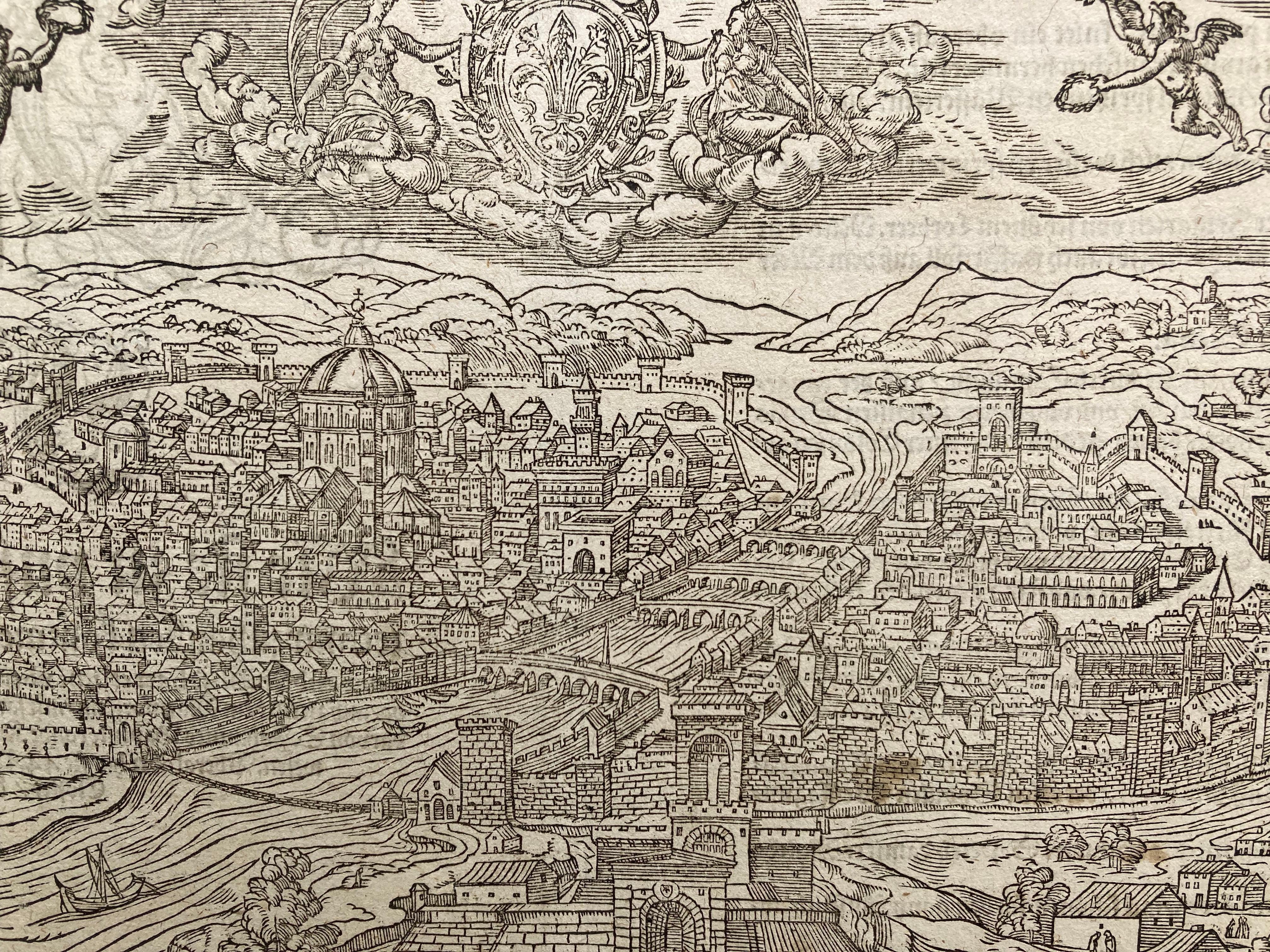 SEBASTIAN MUNSTER (1488-1552)
FLORENCZ - --   FIGURE UND GELEGENHEIT DER EDLEN UND HOCH BERHÜMPTEN STATT FLORENTZ. . c 1550 (Fauser, #3925.)
Gravure sur bois de Münster, Cosmographei, oder beschreibung aller länder, herschafften, fürnemsten stetten,