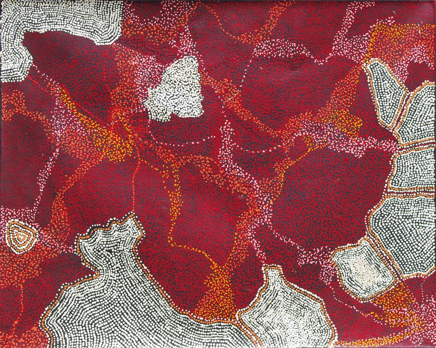 Munu Kulyuru Landscape Painting - Muna Kulyuru, My Country, red white contemporary Aboriginal landscape painting