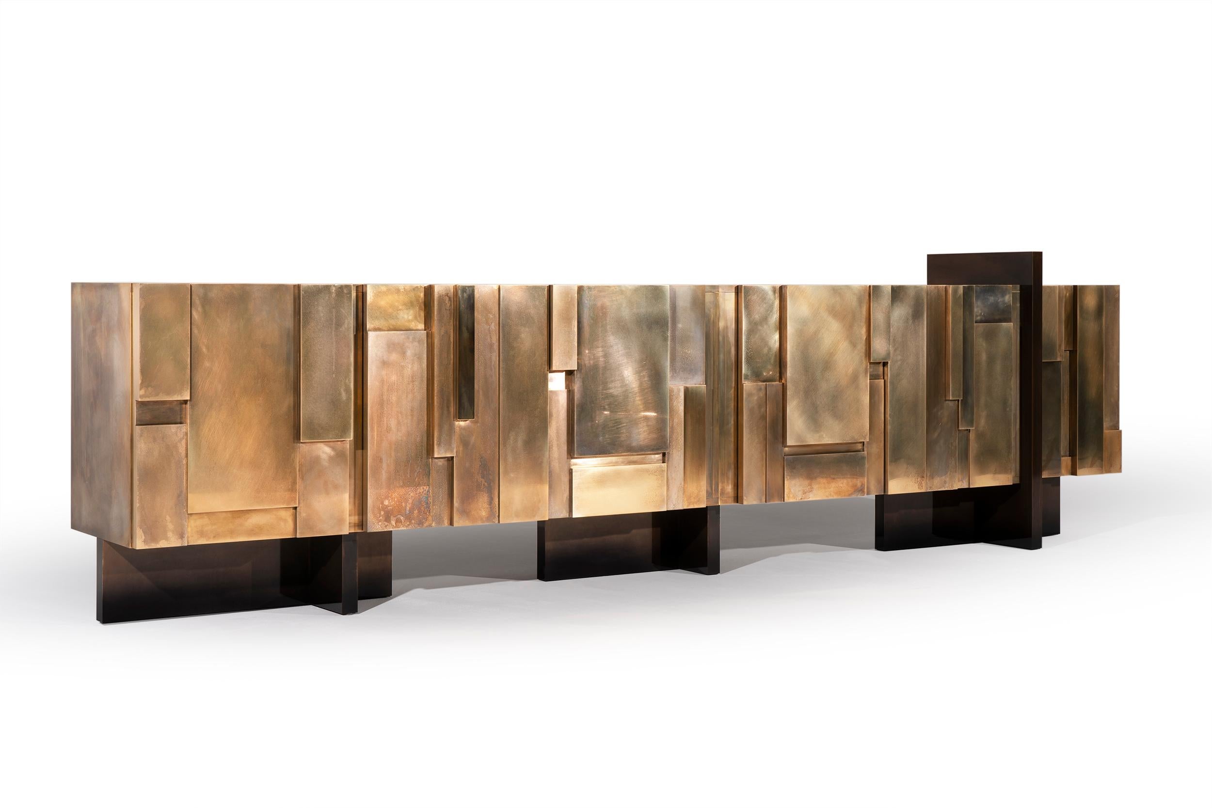 MUR - 21st century unique contemporary brass large freestanding sideboard

No matter how you look at MUR sideboard – from the top or from the side, it resembles a busy city’s skyline.
If you blur your gaze, you may recognize in the multiple