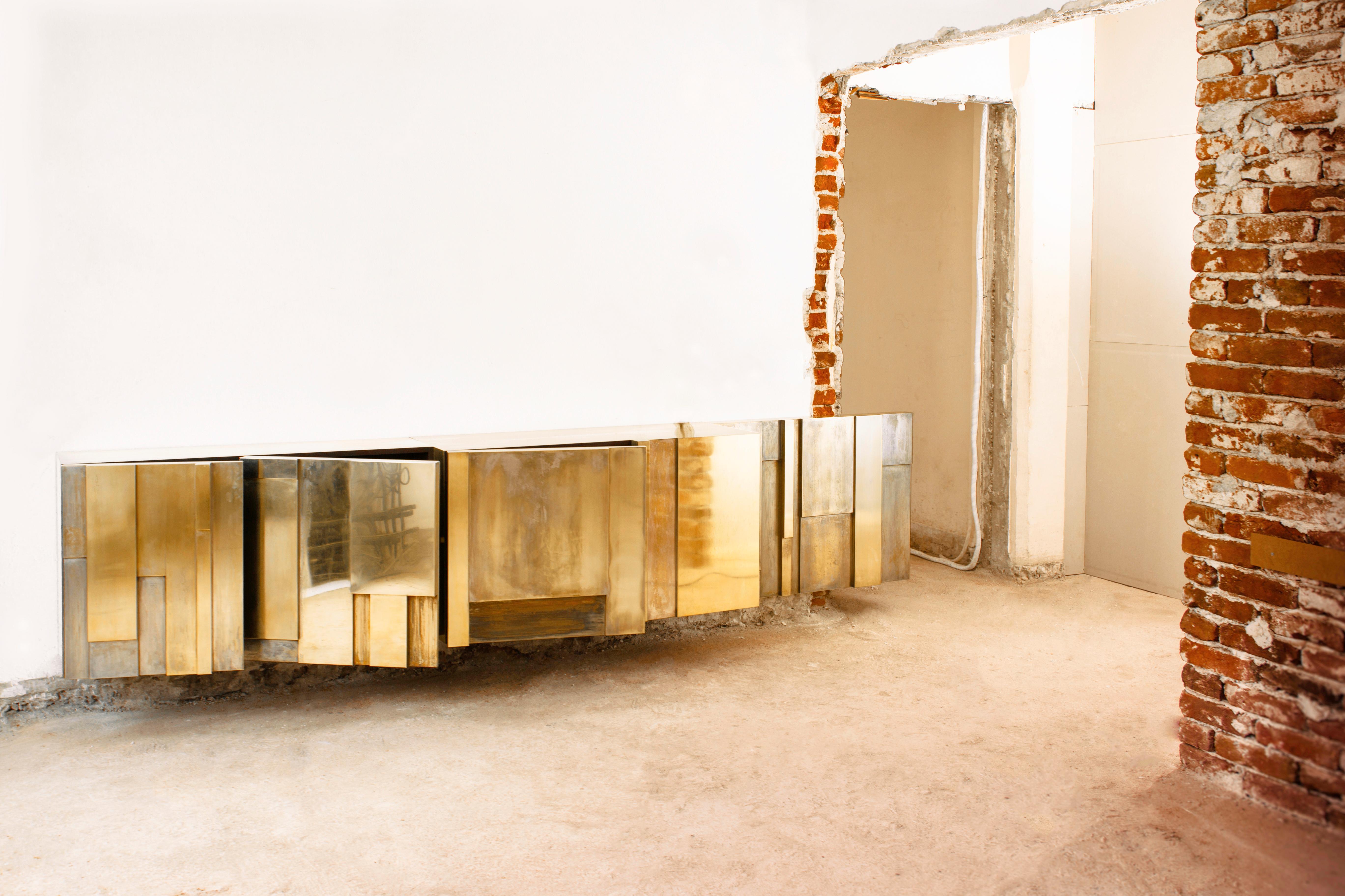 Post-Modern MUR Layered Patinated and Polished Brass Console Sideboard
