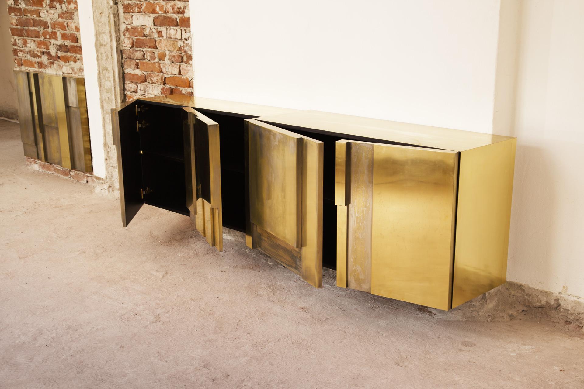 French MUR Layered Patinated and Polished Brass Console Sideboard