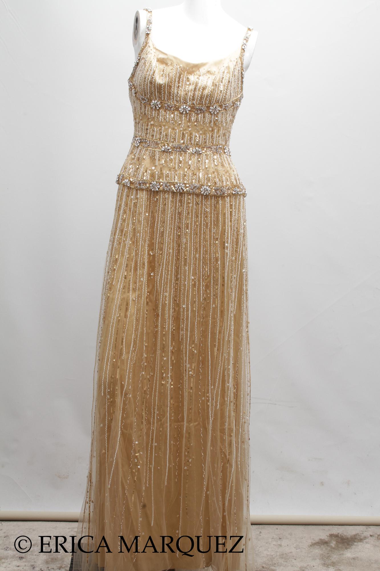 MURAD ZUHAIR, Gold Metallic Floor Length Evening Gown Sequins and Rhinestones (robe de soirée métallisée avec paillettes et strass) en vente 7