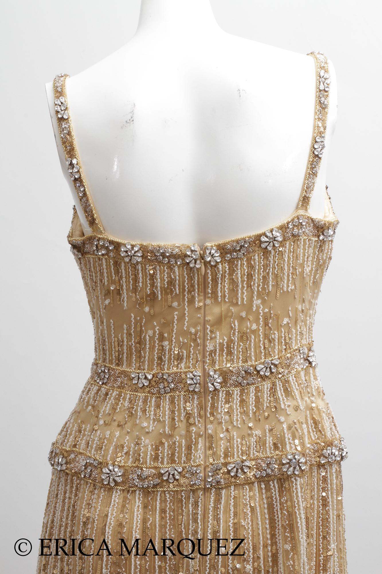 MURAD ZUHAIR, Gold Metallic Floor Length Evening Gown Sequins and Rhinestones (robe de soirée métallisée avec paillettes et strass) en vente 1