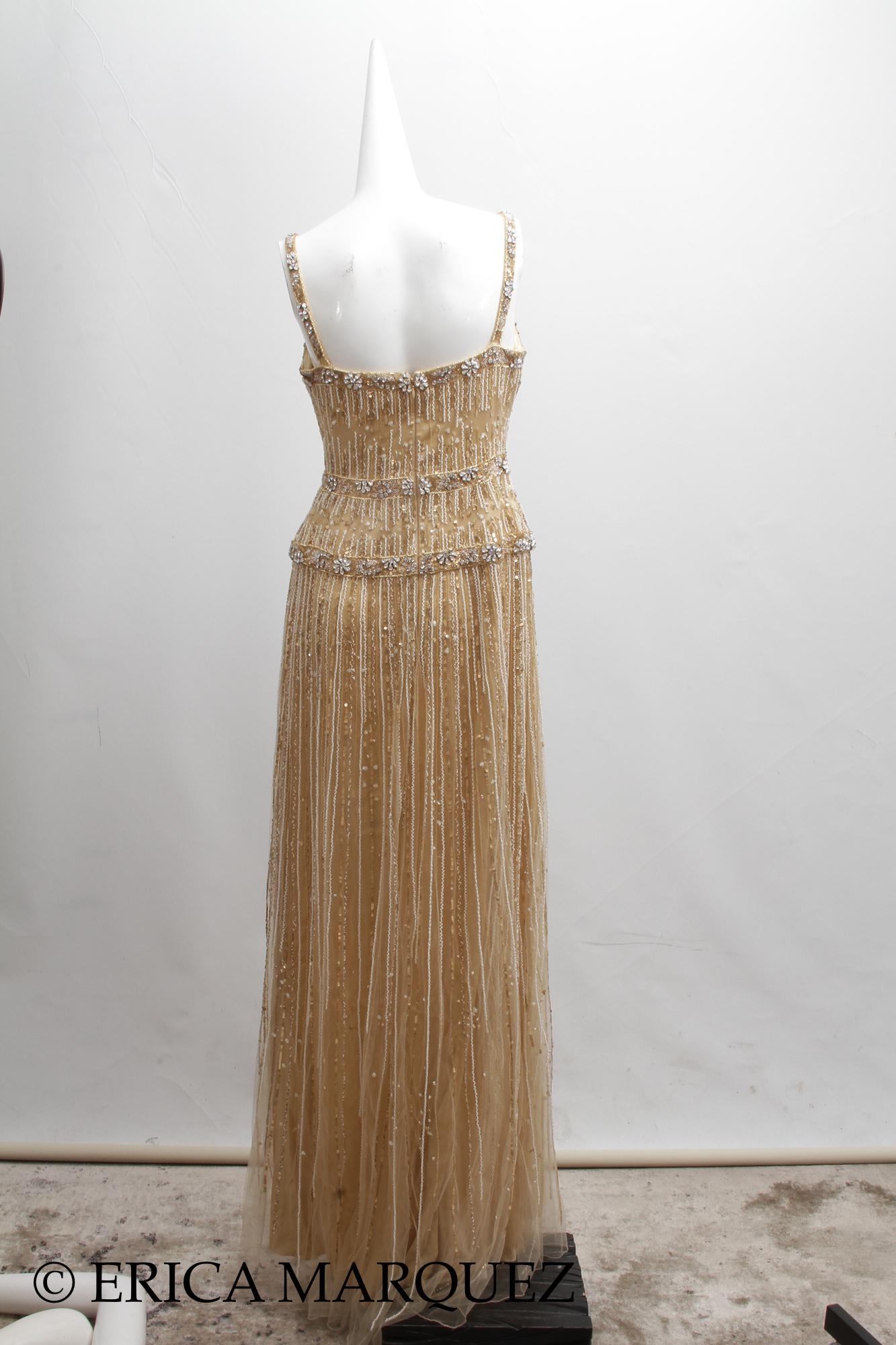 MURAD ZUHAIR, Gold Metallic Floor Length Evening Gown Sequins and Rhinestones (robe de soirée métallisée avec paillettes et strass) en vente 3