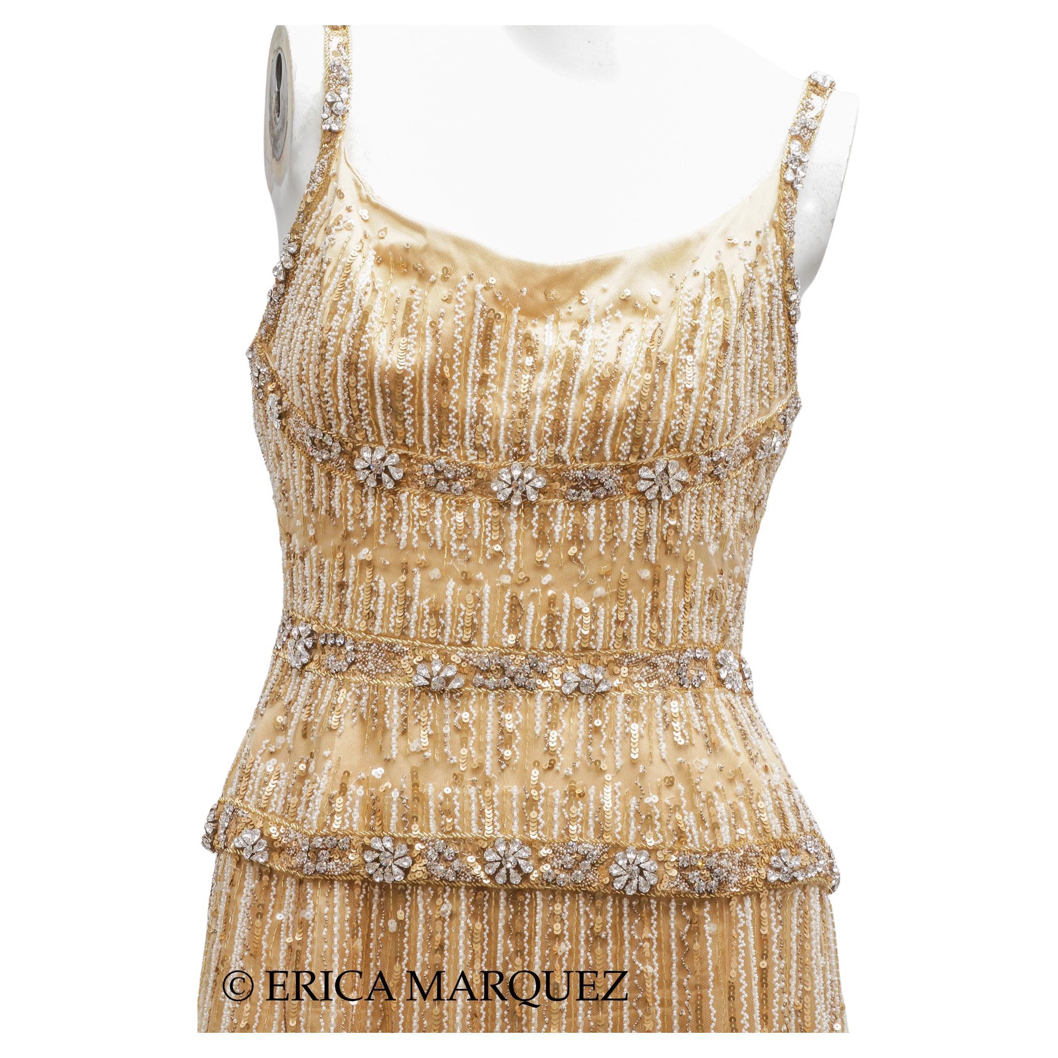 MURAD ZUHAIR, Gold Metallic Floor Length Evening Gown Sequins and Rhinestones (robe de soirée métallisée avec paillettes et strass) en vente