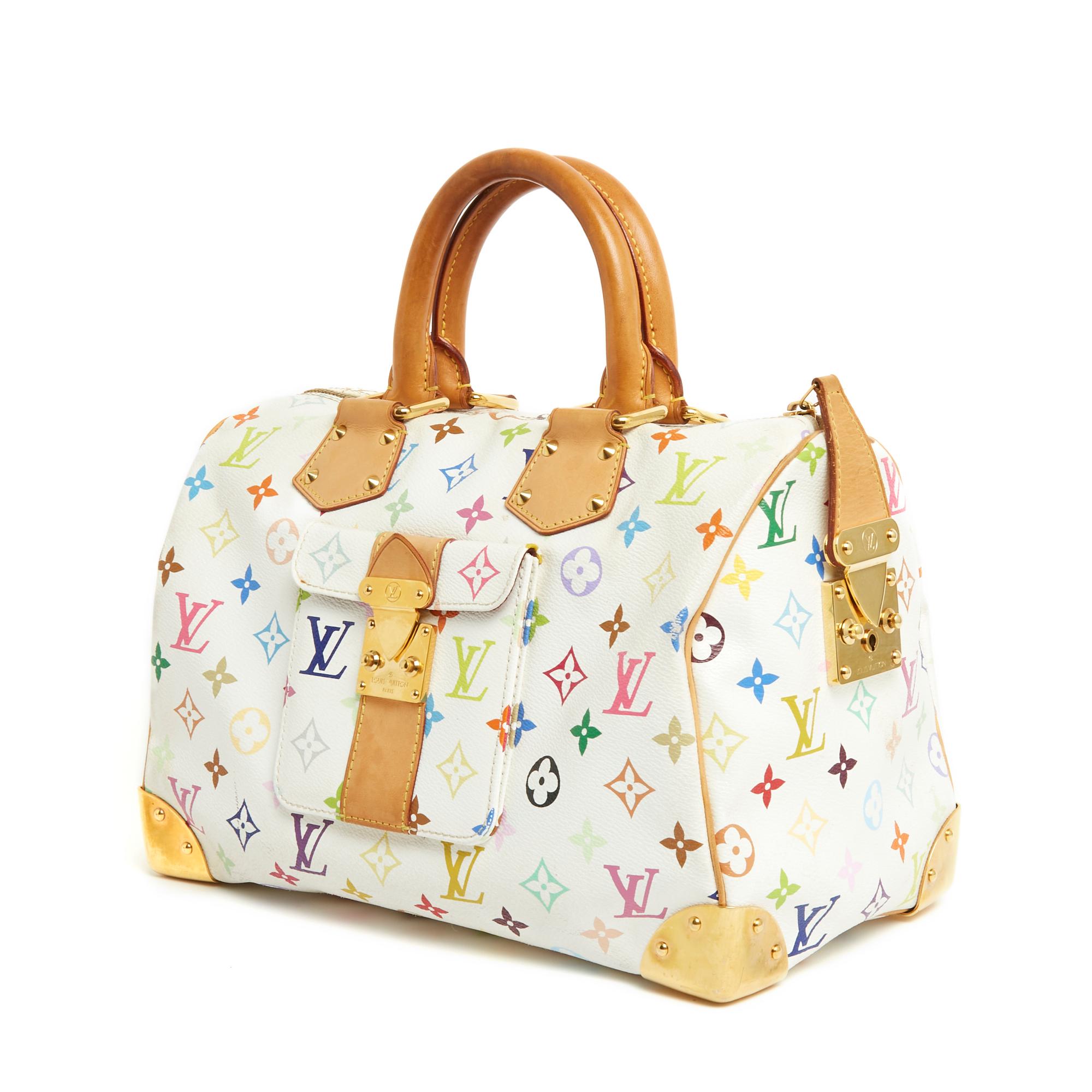 Louis Vuitton Speedy 30 Bandoulière model bag by Murakami in white Monogram canvas with colorful patterns, inserts in natural leather and gold metal, interior in red suede with a patch pocket, the whole closed with a large gold metal buckle with the