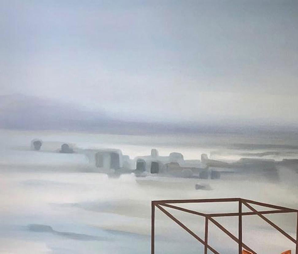 Terrestrial Verses-I, paysage urbain de cerf, huile sur toile, gris, bleu, blanc, en stock - Painting de Murali Cheeroth