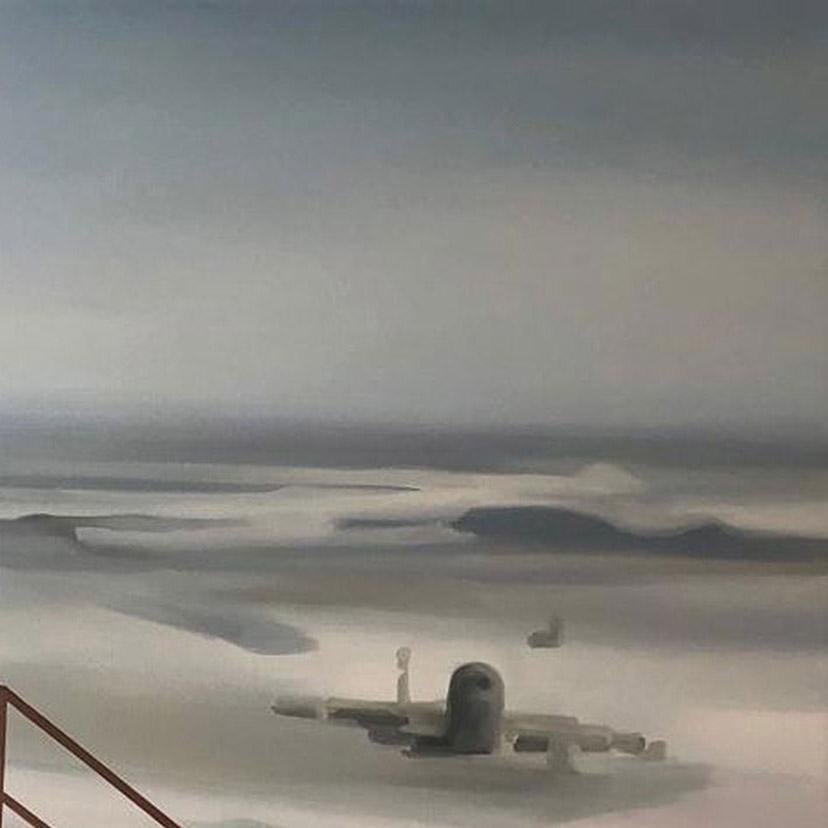 Terrestrial Verses-I, paysage urbain de cerf, huile sur toile, gris, bleu, blanc, en stock - Contemporain Painting par Murali Cheeroth